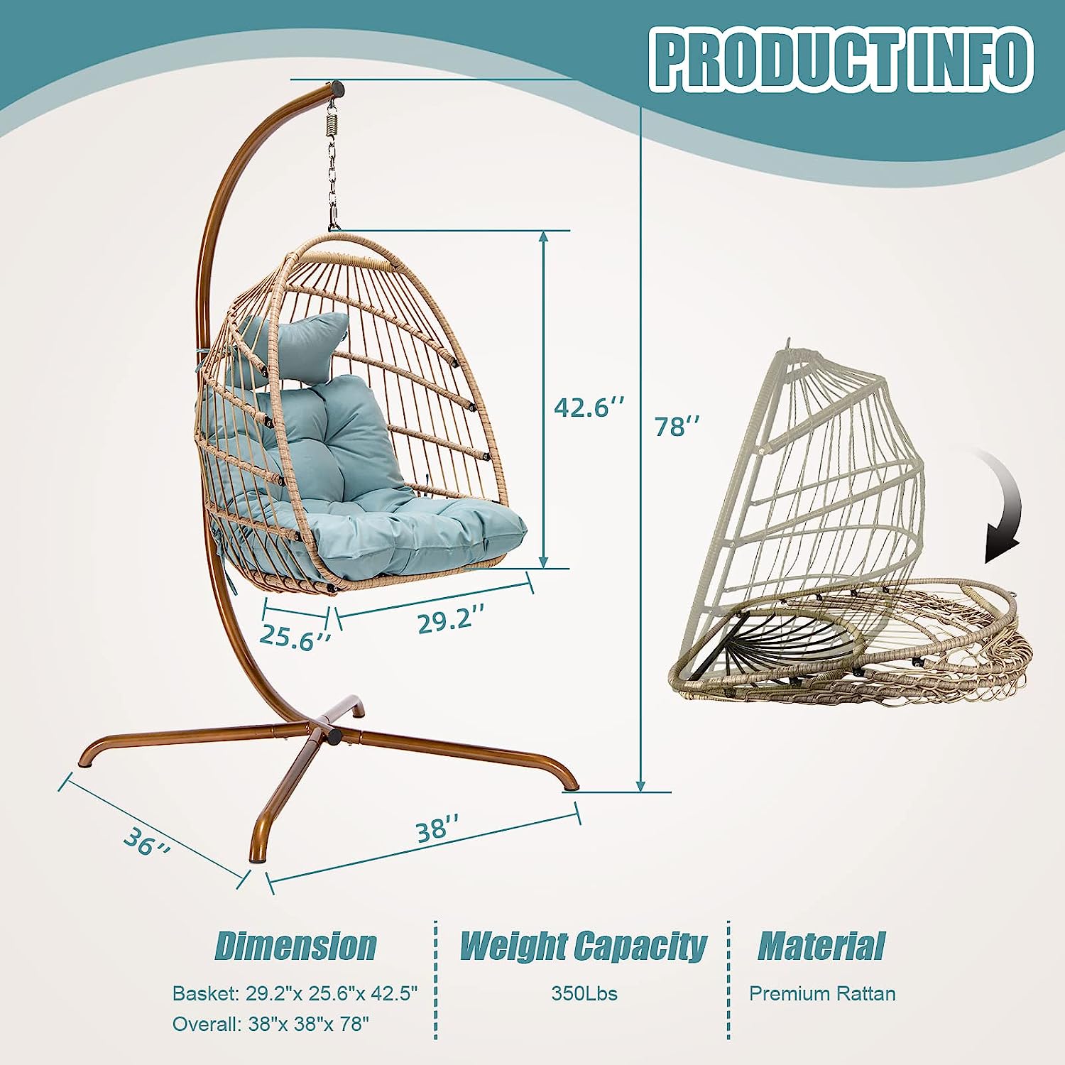 Indoor Outdoor Patio Wicker Hanging Chair Swing Egg Basket Chairs with Stand UV Resistant Cushions 350lbs Capaticy for Patio Backyard Balcony Xmas Gift