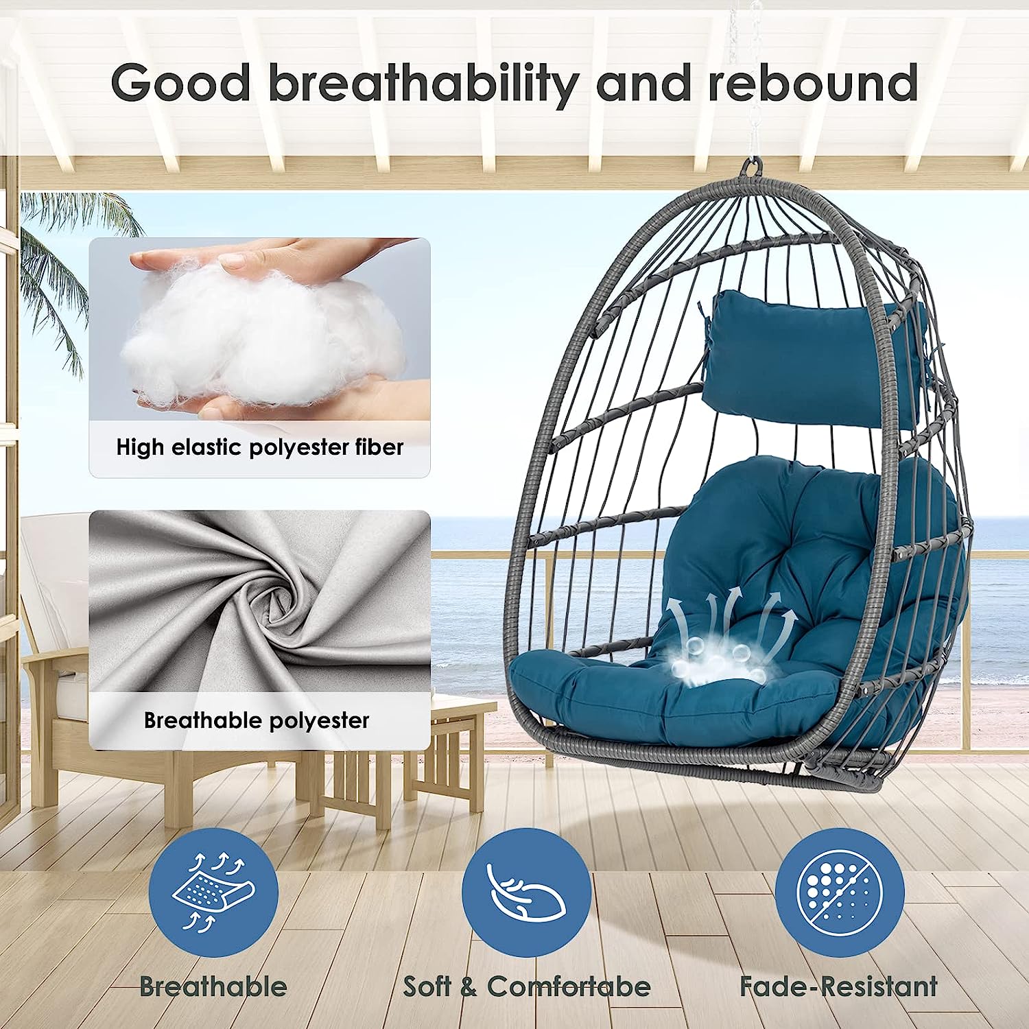 Hanging Egg Chair Without Stand - Foldable Indoor Outdoor Wicker Rattan Swing Egg Chair with Hanging Chain Hammock Chair - UV Resistant Cushions & Aluminum Frame for Bedroom Patio Camping (Grey)