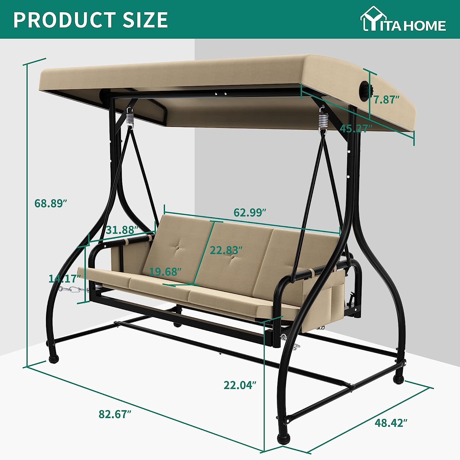 YITAHOME Porch Swing Bed 3-Seats Outdoor Patio Swing Heavy Duty Swing Chair with Adjustable Canopy Removable Cushion, Suitable for Adult in Garden, Poolside, Balcony, Brown