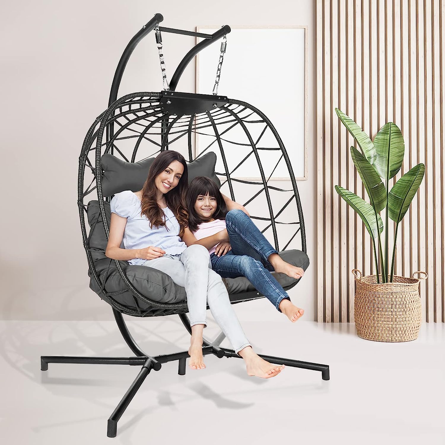 RADIATA Foldable Wicker Rattan Hanging Egg Chair with Stand, Swing Chair with Cushion and Pillow, Lounging Chair for Indoor Outdoor Bedroom Patio Garden (Beige with Stand)