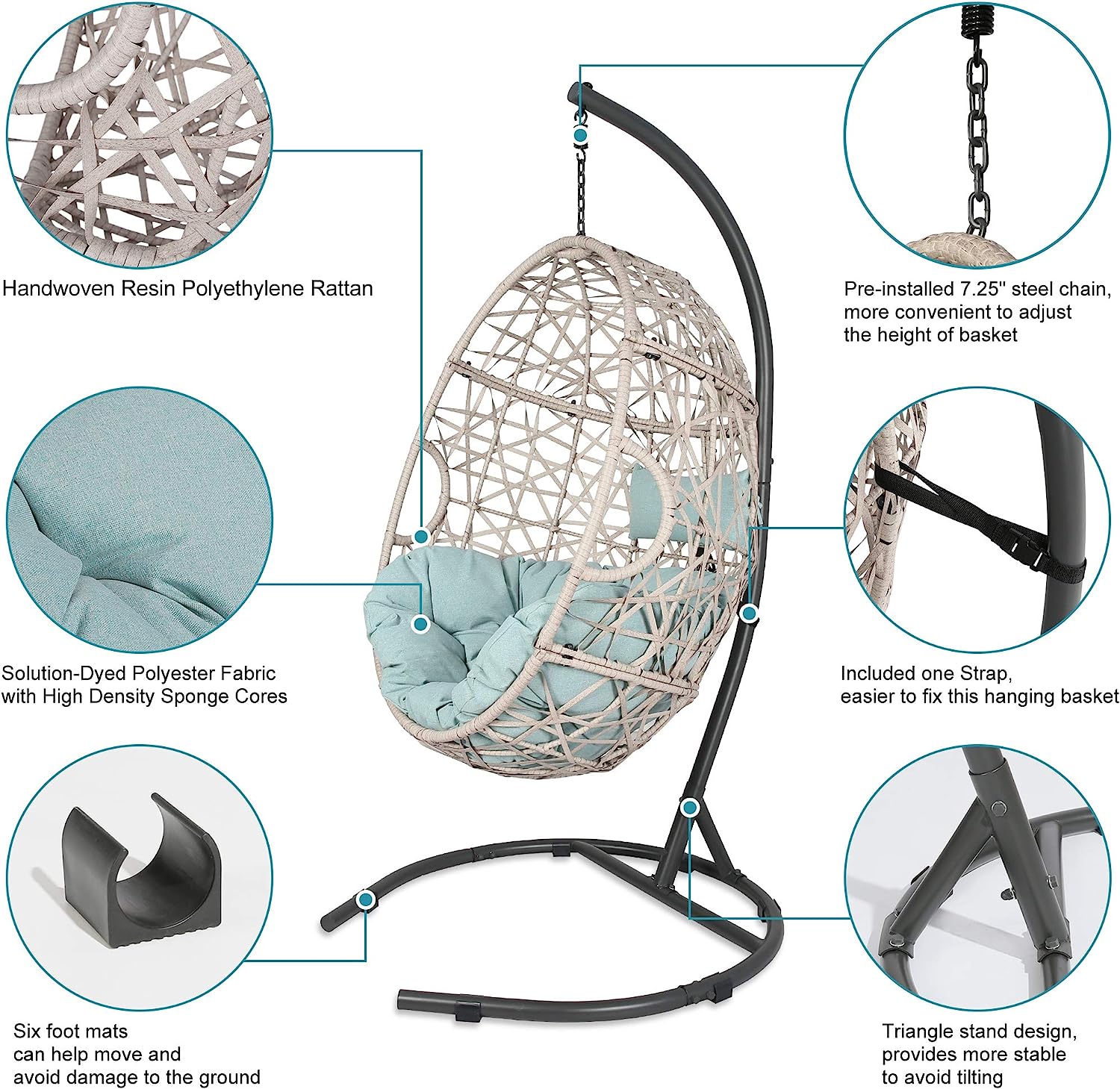 Iwicker Outdoor Rattan Egg Hanging Swing Chair with Cushions and Stand (Beige)