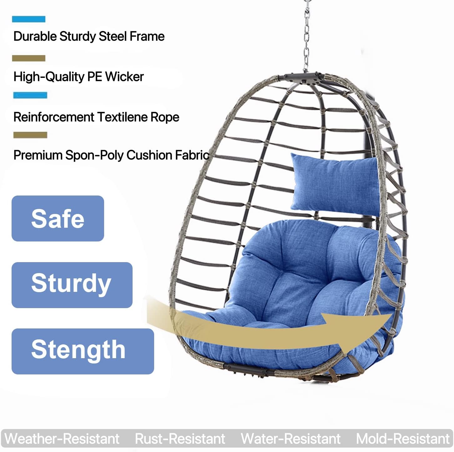 Rilyson Hanging Egg Chair Without Stand - Outdoor Egg Swing Chair with Resistant Cushion Wicker Rattan Swinging Egg Chair for Patio Garden Balcony(Grey/Blue)