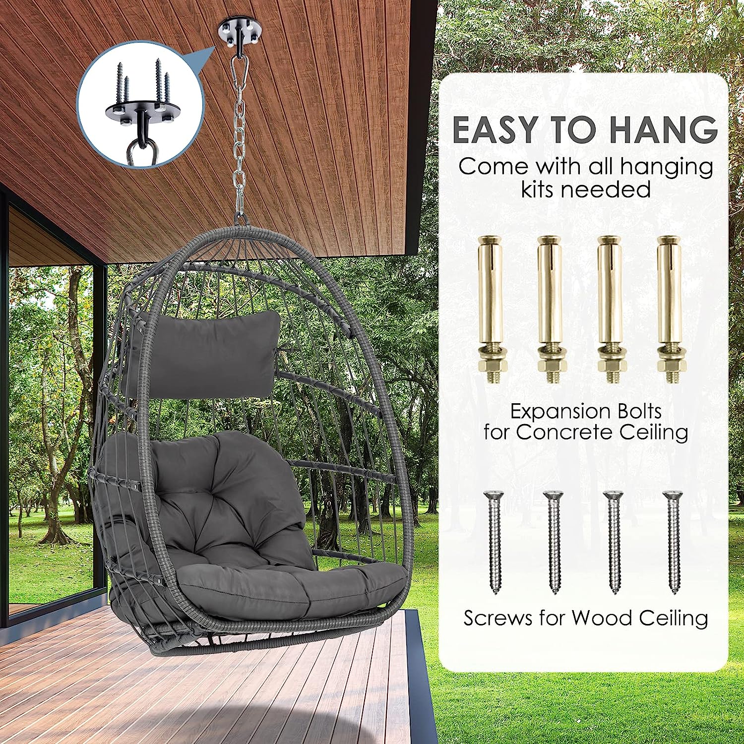 Hanging Egg Chair Without Stand - Foldable Indoor Outdoor Wicker Rattan Swing Egg Chair with Hanging Chain Hammock Chair - UV Resistant Cushions & Aluminum Frame for Bedroom Patio Camping (Grey)