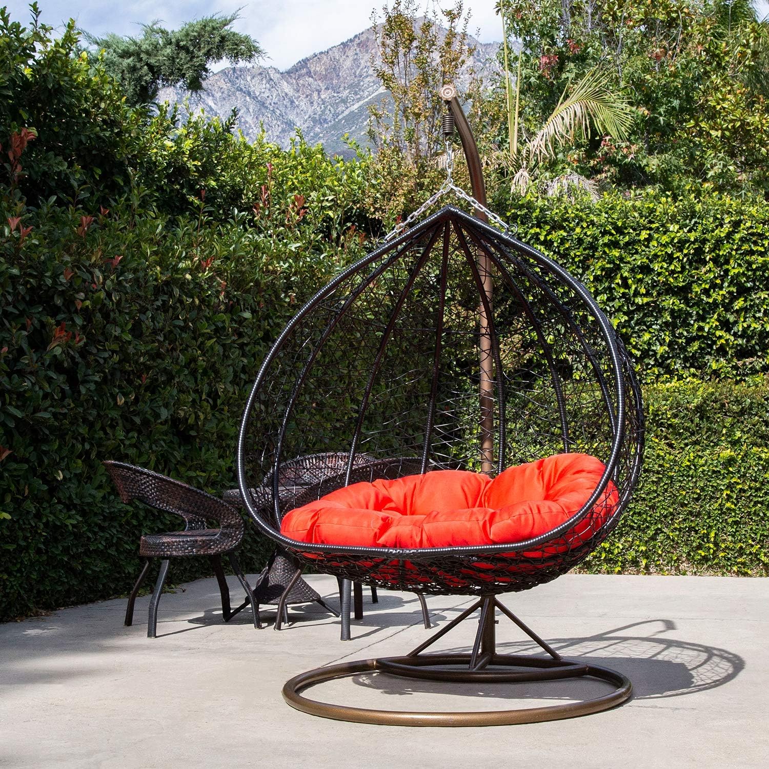 J.M.Deco Porch Swing Chair with Stand, Cushion & Pillow, Goldden Egg Rattan Wicker Swing Hanging Chair, Hammock Chair for Indoor, Outdoor, Garden, Backyard & Patio