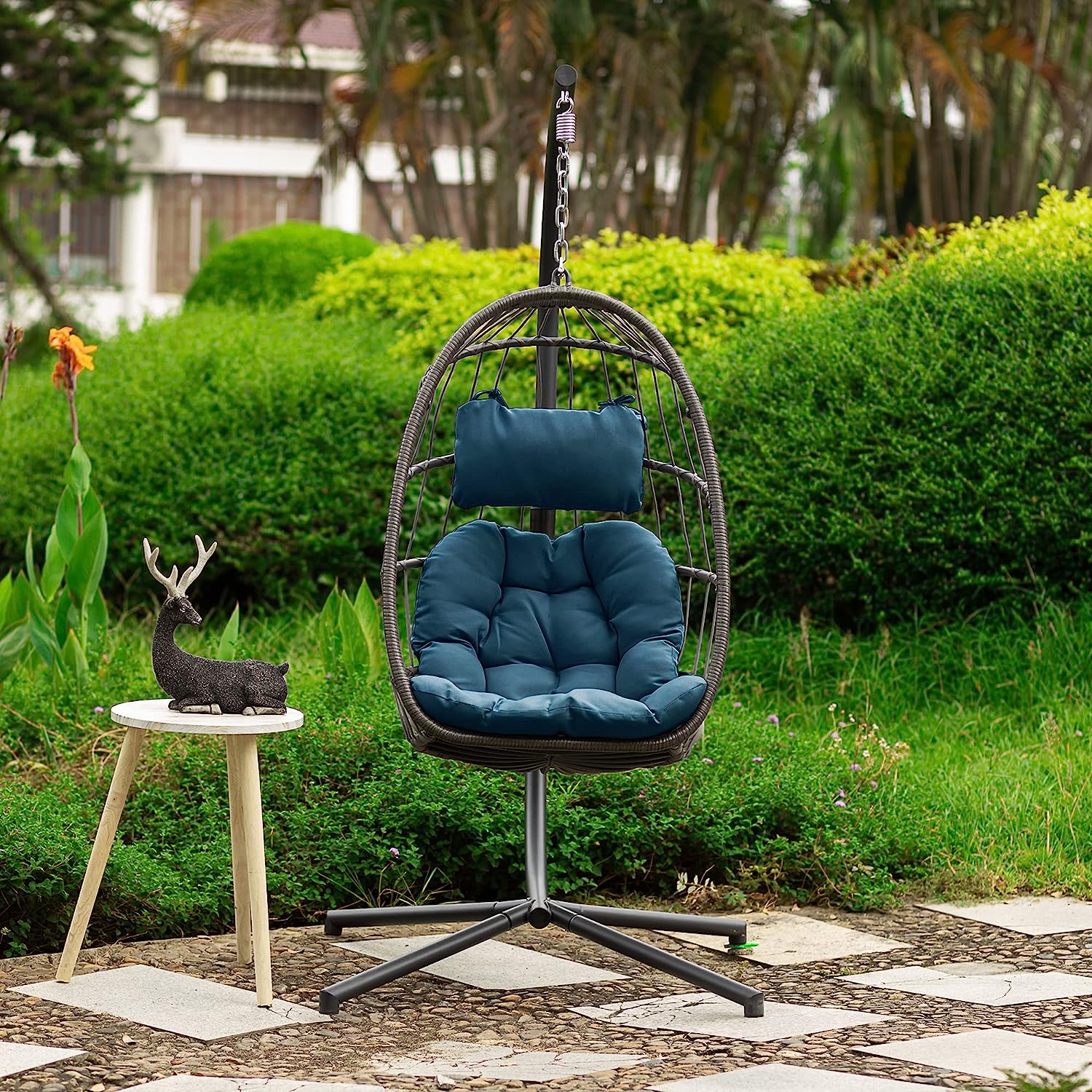 Patio Hanging Egg Chair with Stand Swing Chair,Basket Swinging Chair,Porch Chaise Lounge Chair,Rattan Wicker Hammock Chair with Deep Cushion for Indoor Outdoor Home Bedroom Backyard Balcony (Gray)