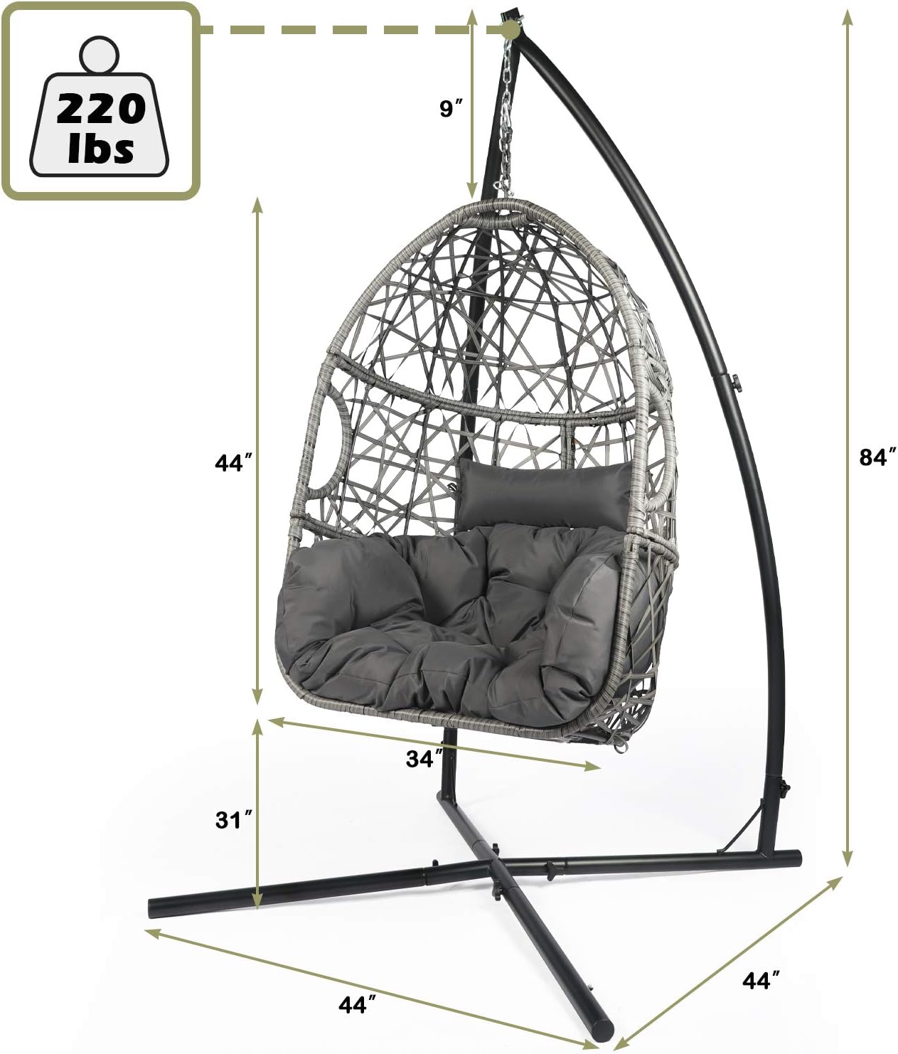LAZZO Swing Egg Chair, Rattan Hanging Chair, Indoor & Outdoor Hammock Chair with Seat Cushion & Pillow for Patio Porch Lounge Bedroom