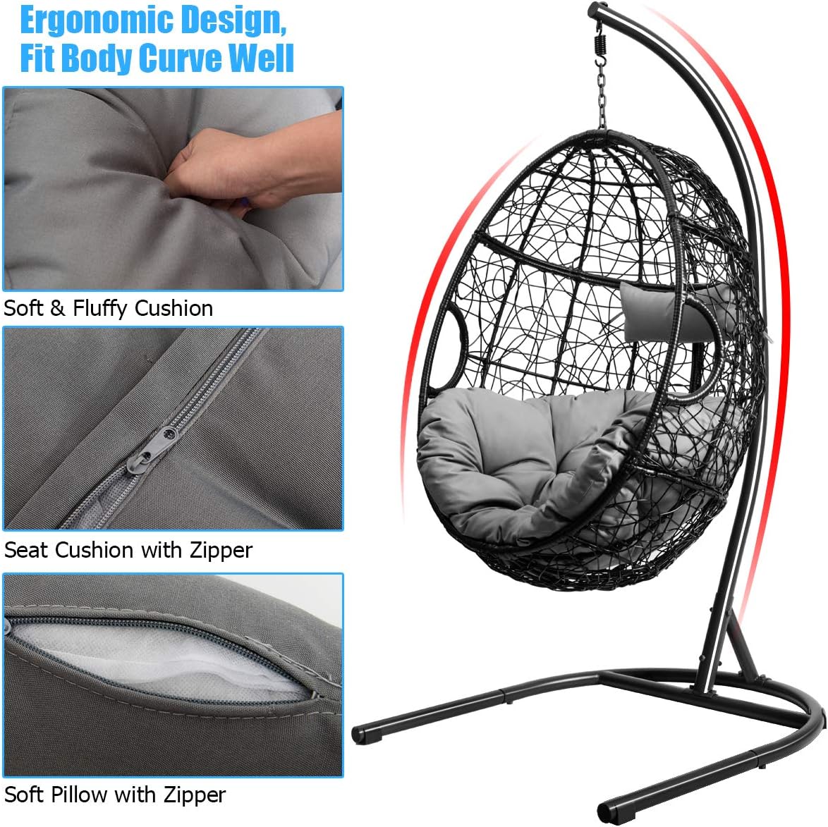 Giantex Hanging Egg Chair, 36.5-Width Oversized Swing Chair with C-Hammock Stand Set, Hammock Chair with Soft Seat Cushion & Pillow, Multifunctional Hanging Chairs for Outdoor Indoor Bedroom (Gray)