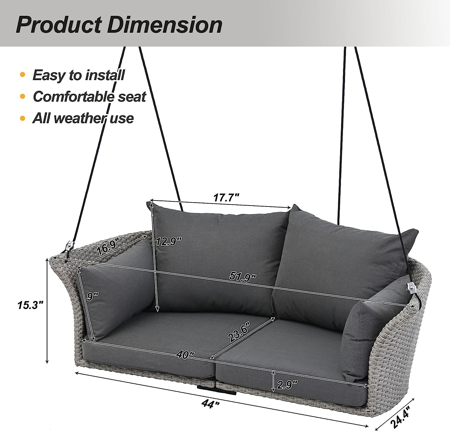 Patio 51.9” 2-Person Swing Chair,Outdoor Rattan Woven Hanging Seat with Adjustable Rope and Cushion,for Porch Lawn Garden Backyard Balconies (Black&b)