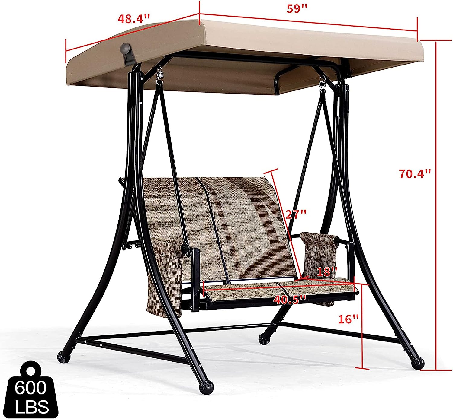 PURPLE LEAF 2-Seat Deluxe Outdoor Patio Porch Swing with Weather Resistant Steel Frame, Adjustable Tilt Canopy, Beige