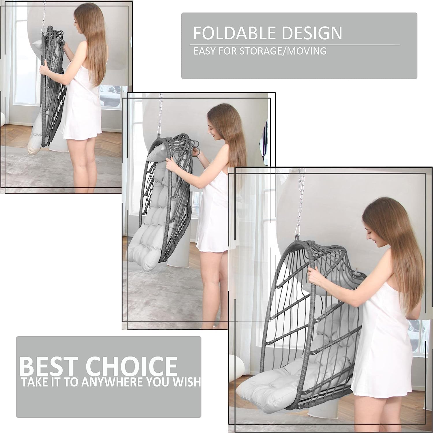 Indoor Outdoor Patio Wicker Hanging Chair Swing Egg Basket Chairs with Stand UV Resistant Cushions 350lbs Capaticy for Patio Backyard Balcony Xmas Gift