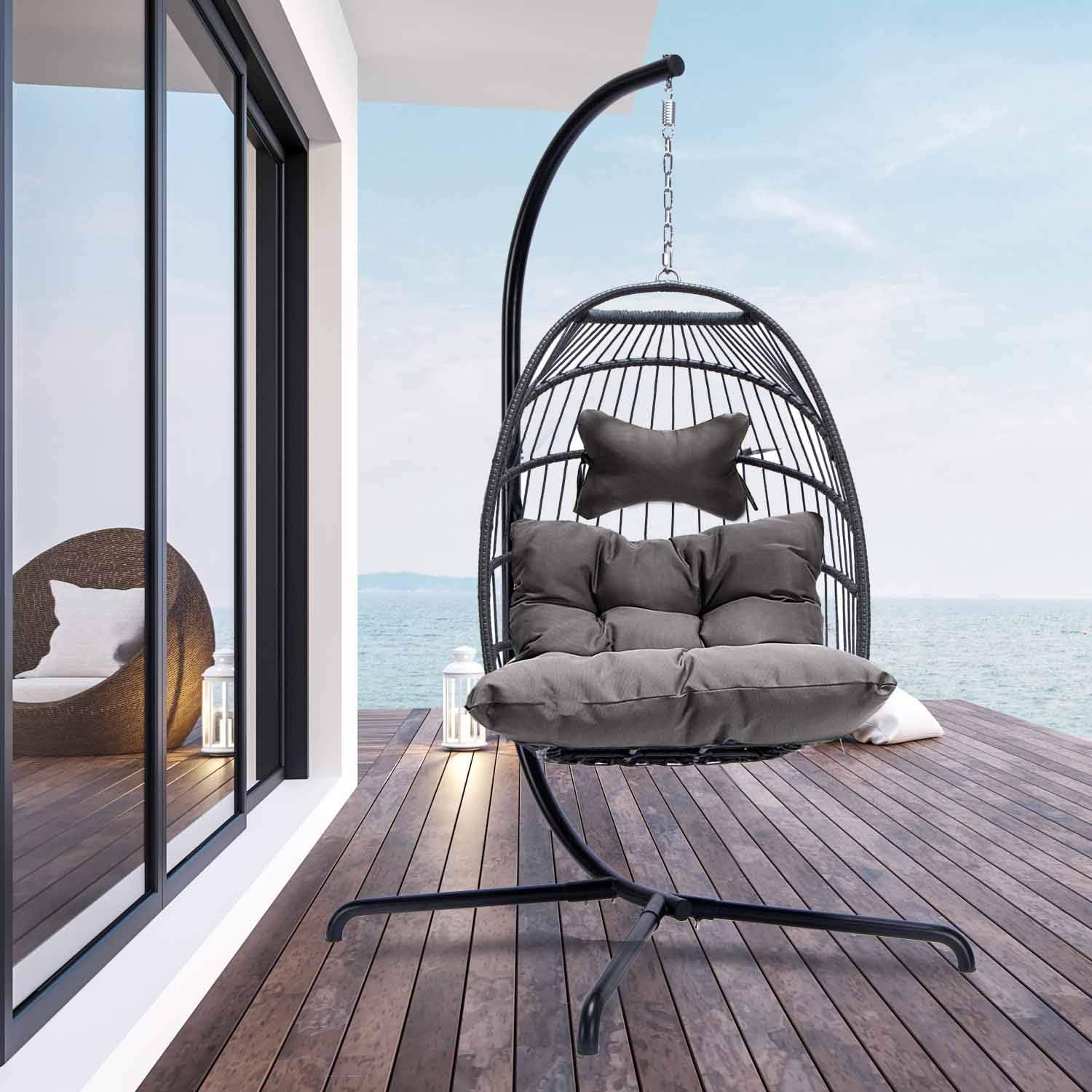 Indoor Outdoor Patio Wicker Hanging Chair Swing Egg Basket Chairs with Stand UV Resistant Cushions 350lbs Capaticy for Patio Backyard Balcony Xmas Gift