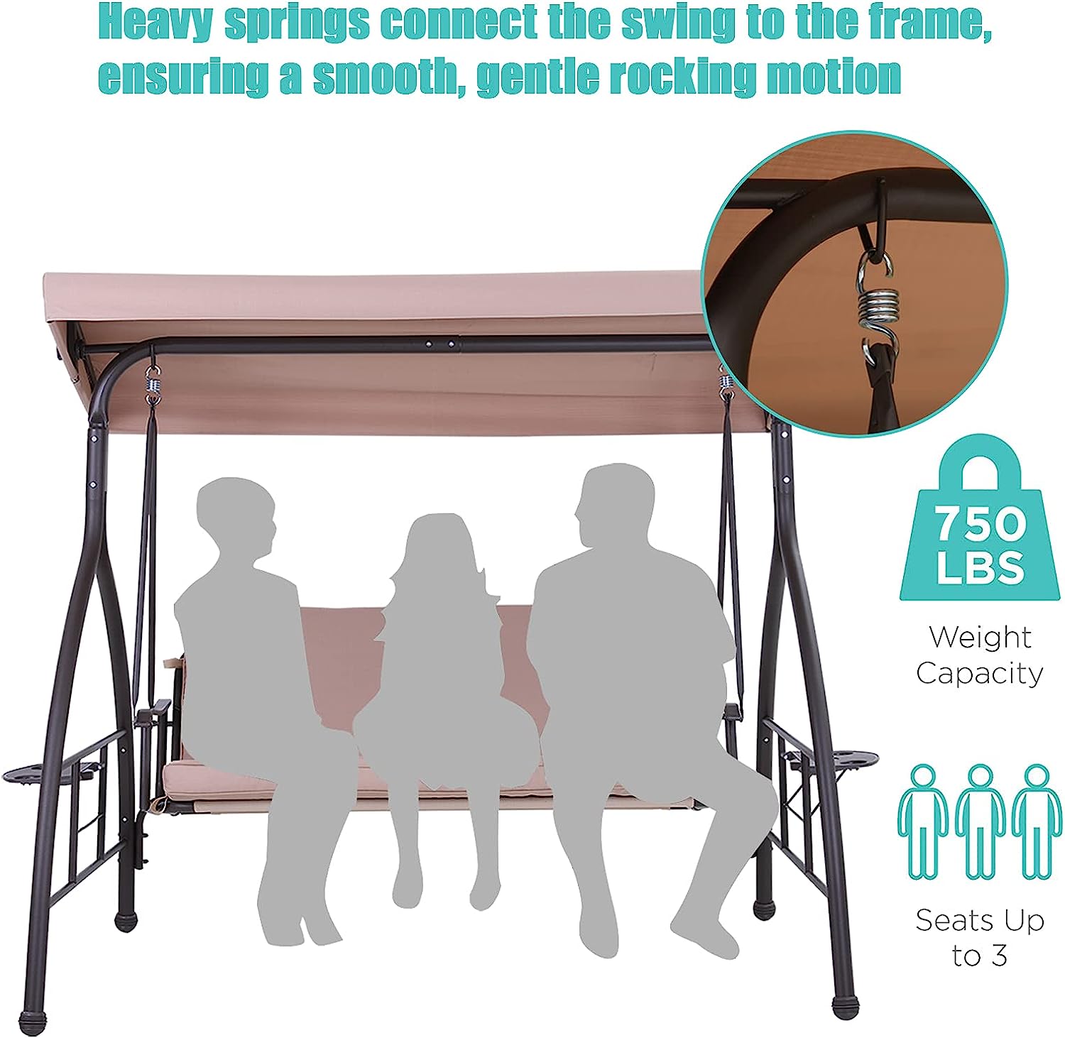 MFSTUDIO 3 Seat Patio Porch Swing, Outdoor Adjustable Canopy Swing Glider with Foldable Side Table and Removable Cushion for,Garden, Poolside, Balcony, Backyard (Beige) …