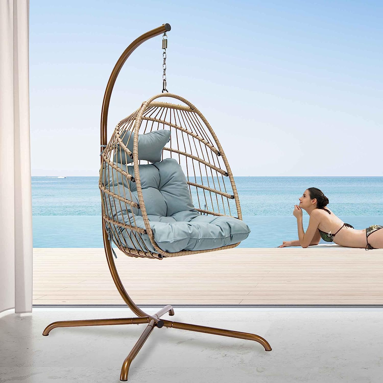 Swing Egg Chair Without Stand Indoor Outdoor Wicker Rattan Patio Basket Hanging Chair with UV Resistant Cushions 265lbs Capaticy for Bedroom Balcony Patio (Without Stand)