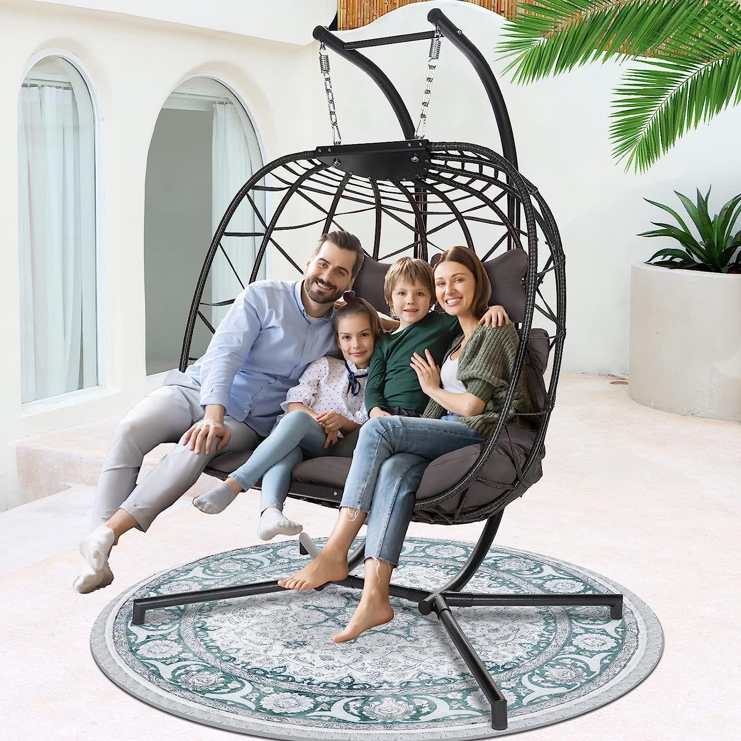 Swing Egg Chair with Stand Indoor Outdoor Wicker Rattan Patio Basket Hanging Chair with UV Resistant Cushions 350lbs Capaticy for Bedroom Balcony Patio (Cream)