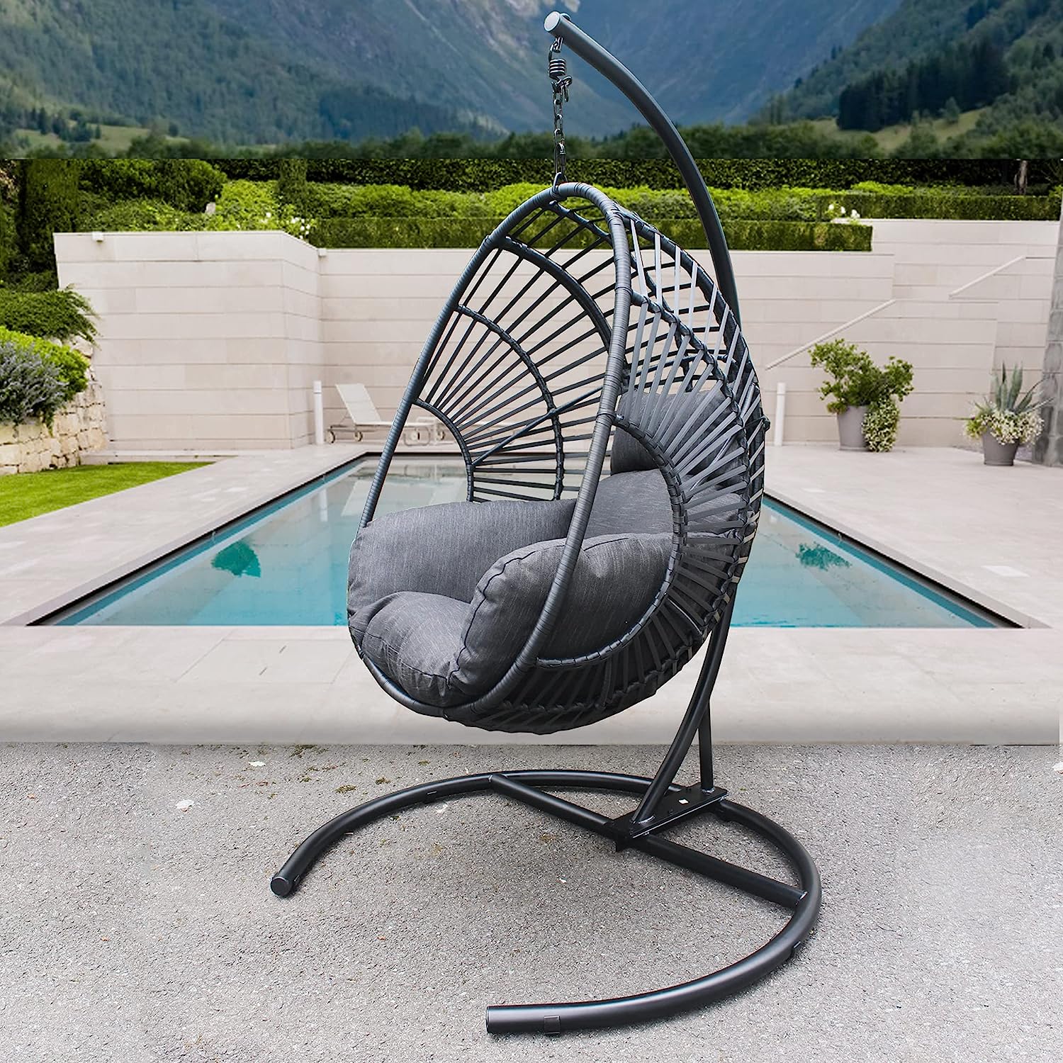 Olela Wicker Egg Swing Chair with Stand Indoor Outdoor,Hanging Egg Chair with Cushion and Pillow,Basket Chair for Bedroom,Living Room or Patio Garden (Natural-Round Base)