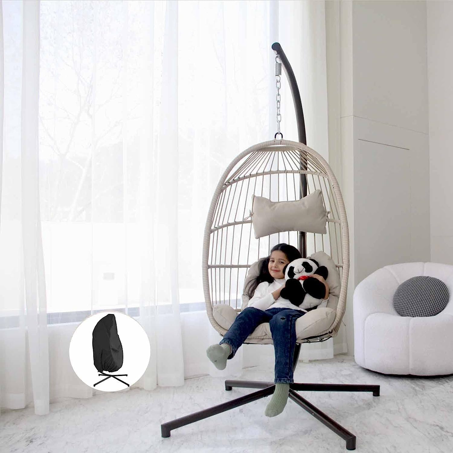 Swing Egg Chair Without Stand Indoor Outdoor Wicker Rattan Patio Basket Hanging Chair with UV Resistant Cushions 265lbs Capaticy for Bedroom Balcony Patio (Without Stand)