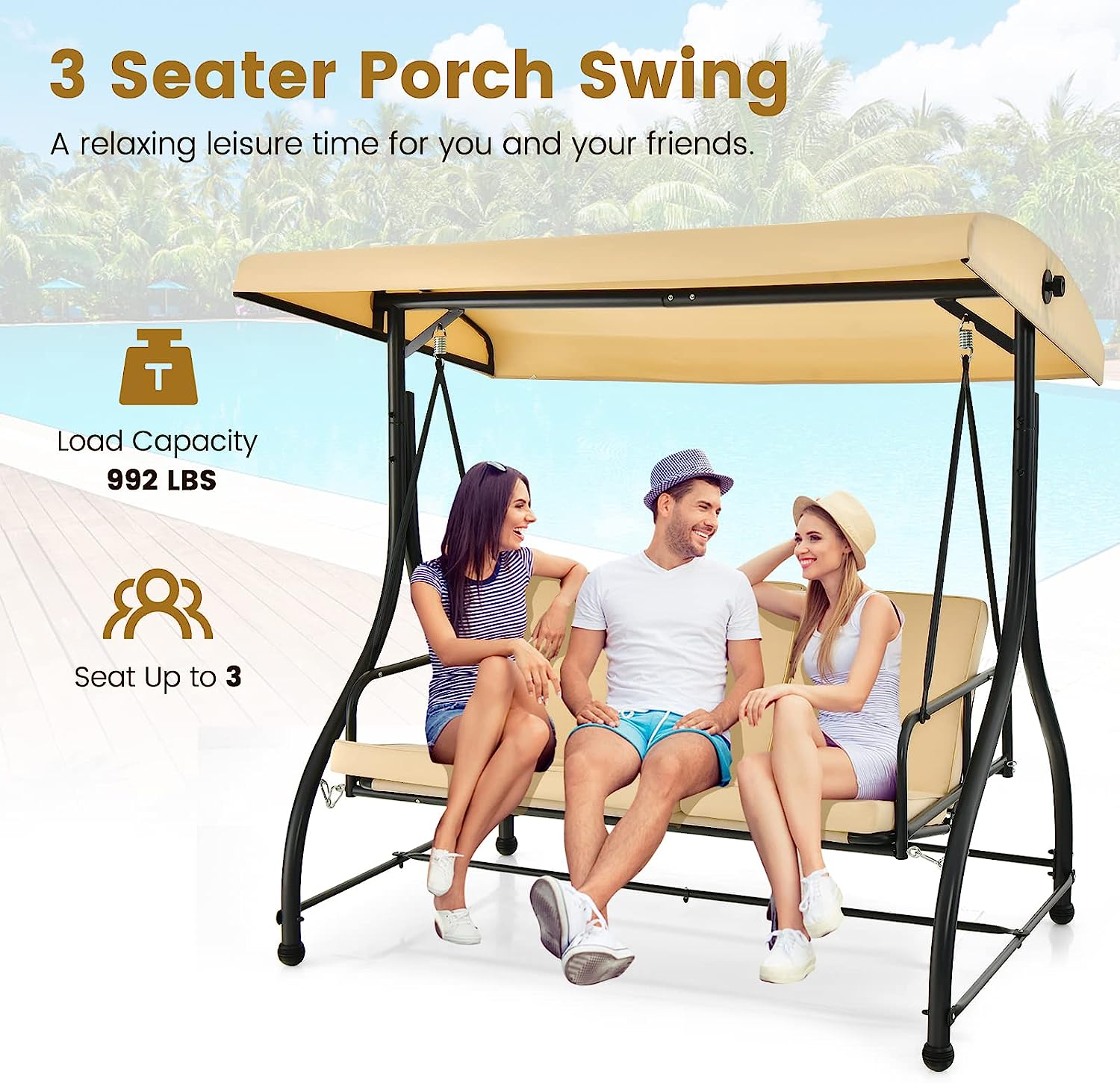 Tangkula 3 Person Porch Swing, 2-in-1 Convertible Patio Swing Bed with Removable Cushions, Solid Steel Structure, Outdoor Swing with Adjustable Canopy for Backyard, Balcony, Poolside (Turquoise)