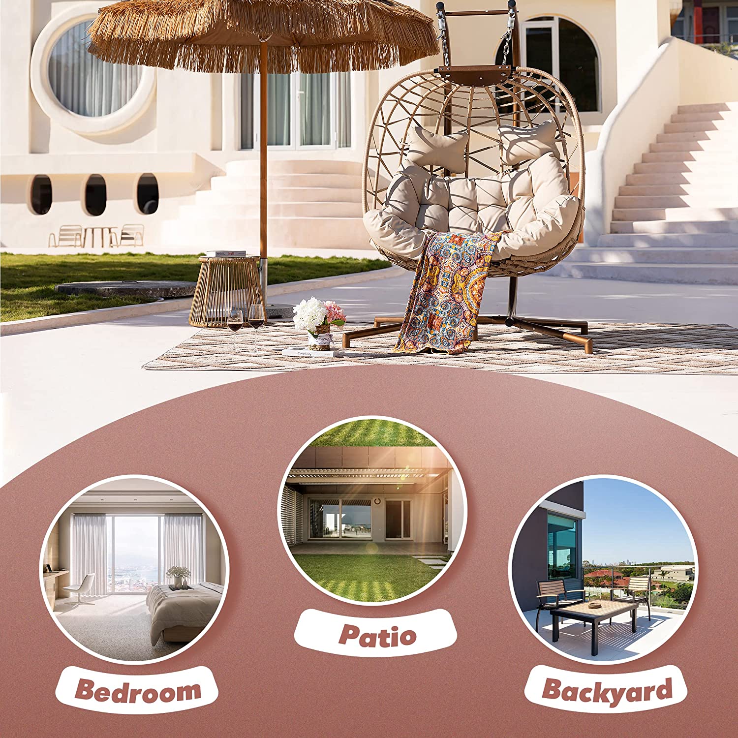 Swing Egg Chair Without Stand Indoor Outdoor Wicker Rattan Patio Basket Hanging Chair with UV Resistant Cushions 265lbs Capaticy for Bedroom Balcony Patio (Without Stand)