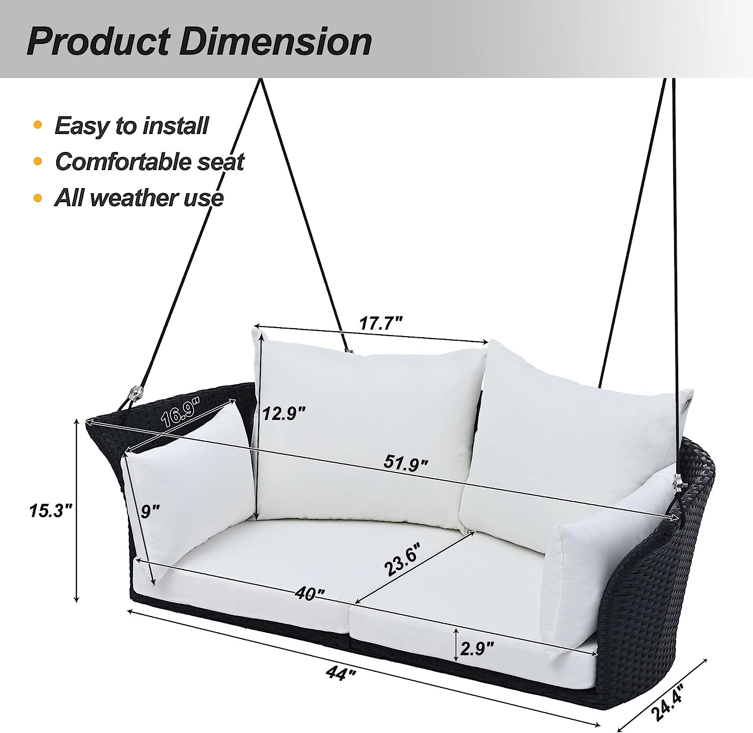 Patio 51.9” 2-Person Swing Chair,Outdoor Rattan Woven Hanging Seat with Adjustable Rope and Cushion,for Porch Lawn Garden Backyard Balconies (Black&b)