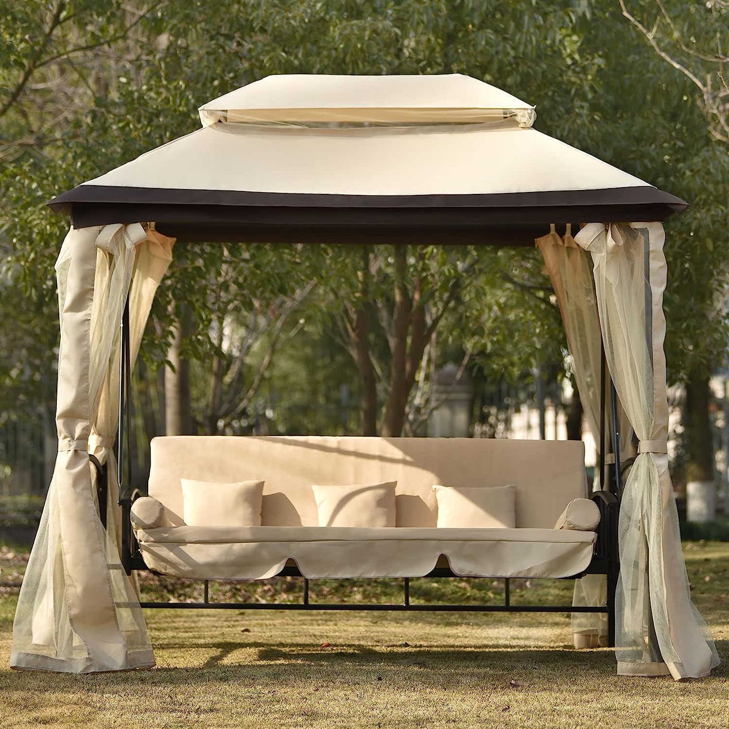 Campfun Outdoor Gazebo Swing, 3-Seat Patio Swing Chair, Outdoor Swing Bed, Outdoor Swing with Canopy, Netting Curtains, Side Trays, Canopy Swing for Garden, Poolside Backyard - 8.9x5.9 Ft, Beige