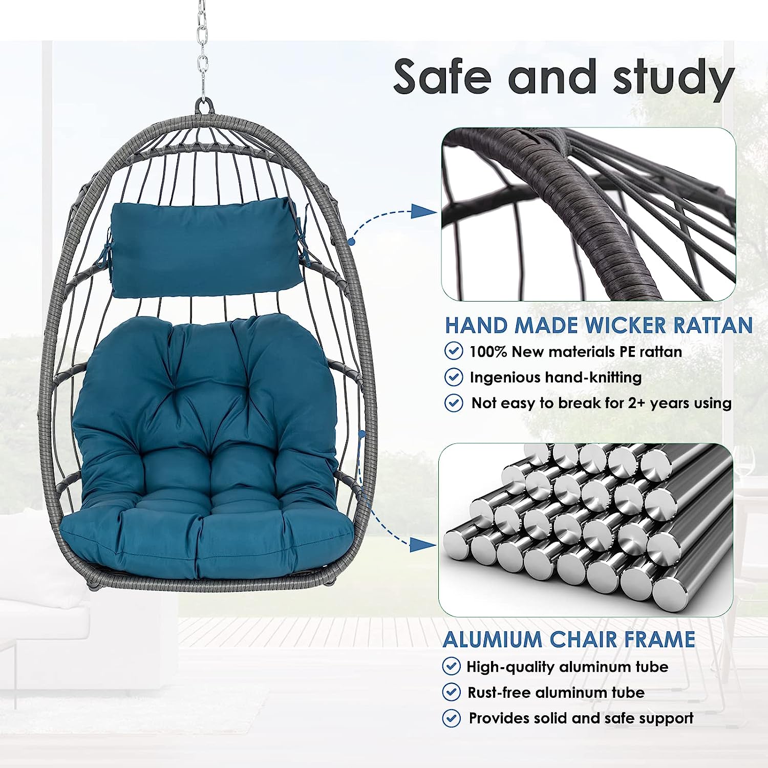 Hanging Egg Chair Without Stand - Foldable Indoor Outdoor Wicker Rattan Swing Egg Chair with Hanging Chain Hammock Chair - UV Resistant Cushions & Aluminum Frame for Bedroom Patio Camping (Grey)