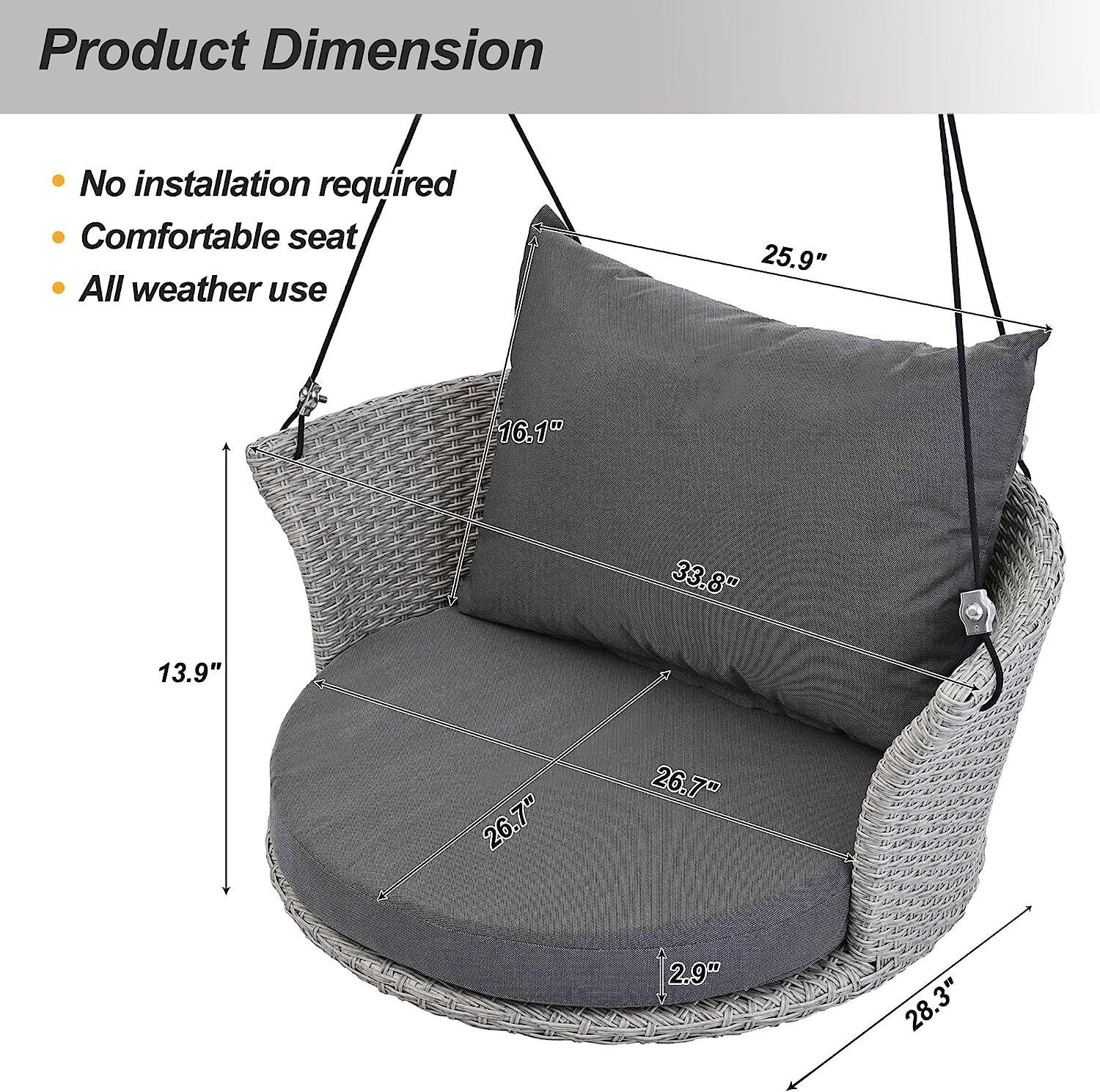 Patio 51.9” 2-Person Swing Chair,Outdoor Rattan Woven Hanging Seat with Adjustable Rope and Cushion,for Porch Lawn Garden Backyard Balconies (Black&b)