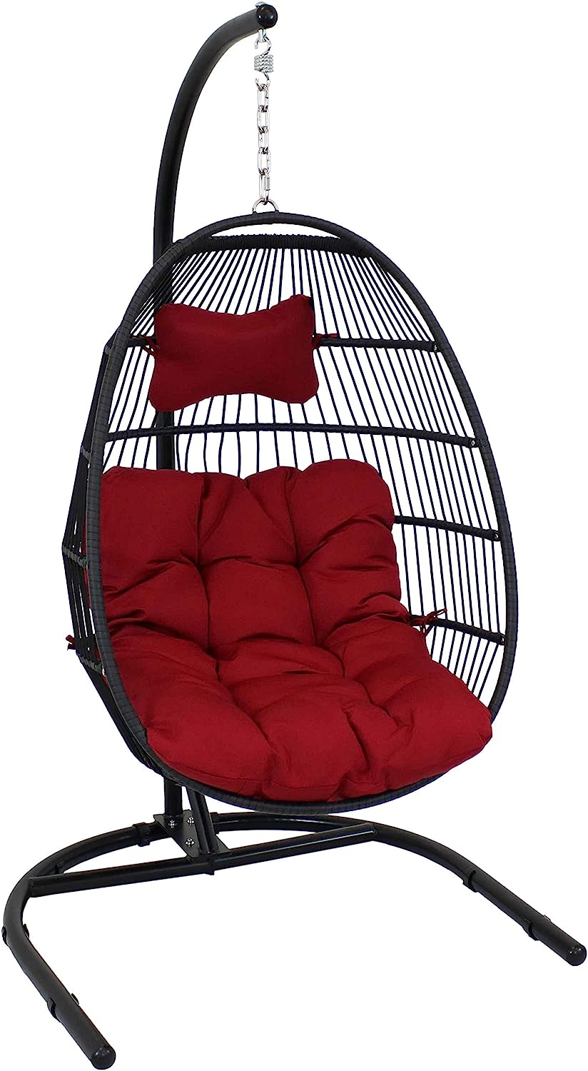 Sunnydaze Julia Hanging Egg Chair with Stand and Red Cushions - Comfy Collapsible Outdoor Egg Chair Swing with Stand - Black Polyethylene Wicker Rattan Frame with Steel Stand - 76 Inches Tall