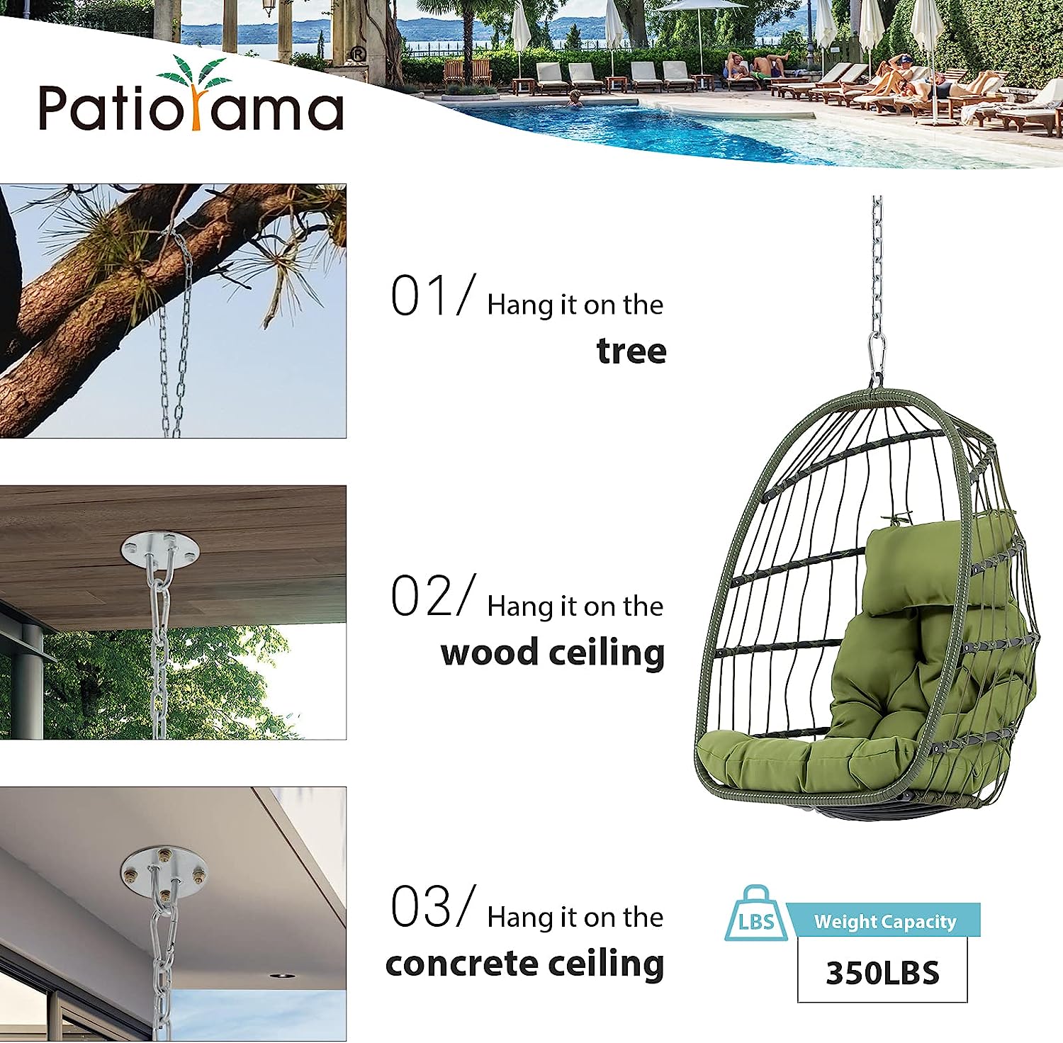 Patiorama Indoor Outdoor Egg Swing Chair with Stand, Patio Grey Wicker Rattan Hanging Chair with Rope Back, Cushion,Cover,All Weather Foldable Hammock Chair for Bedroom, Garden (Light Grey)