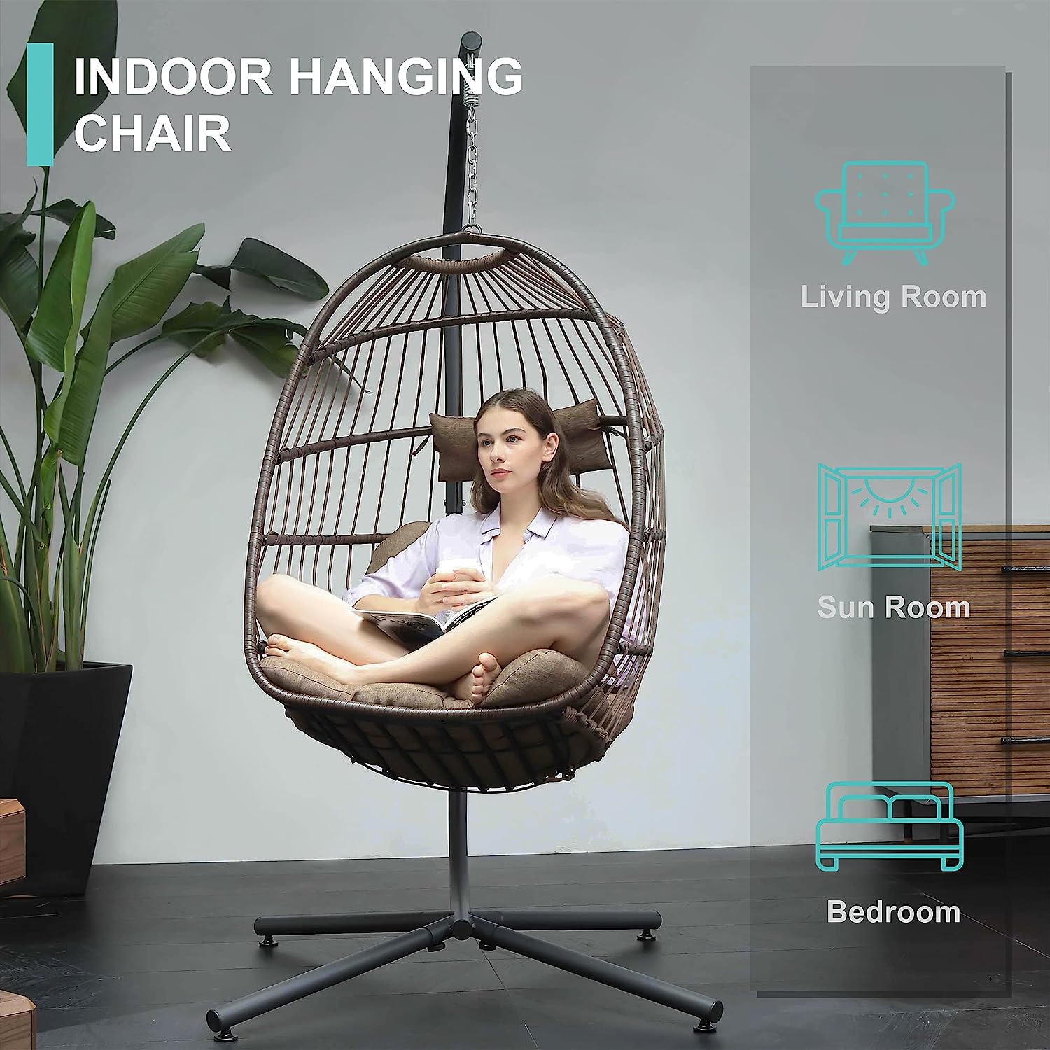 SWITTE Hanging Egg Chair with Stand, Egg Swing Hammock Chair with Stand, Indoor Outdoor Wicker Egg Chair with Cushion Headrest for Patio Bedroom Porch Garden, 350LBS Capacity(Dark Grey)