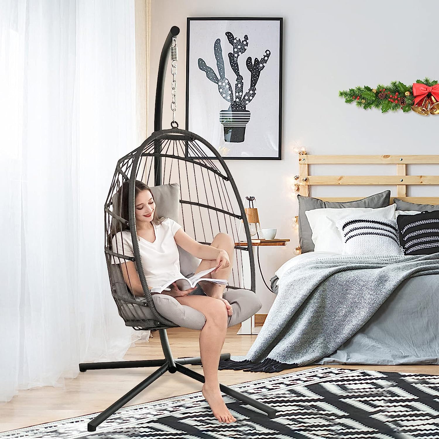 Swing Egg Chair with Stand Indoor Outdoor Wicker Rattan Patio Basket Hanging Chair with UV Resistant Cushions 350lbs Capaticy for Bedroom Balcony Patio (Cream)