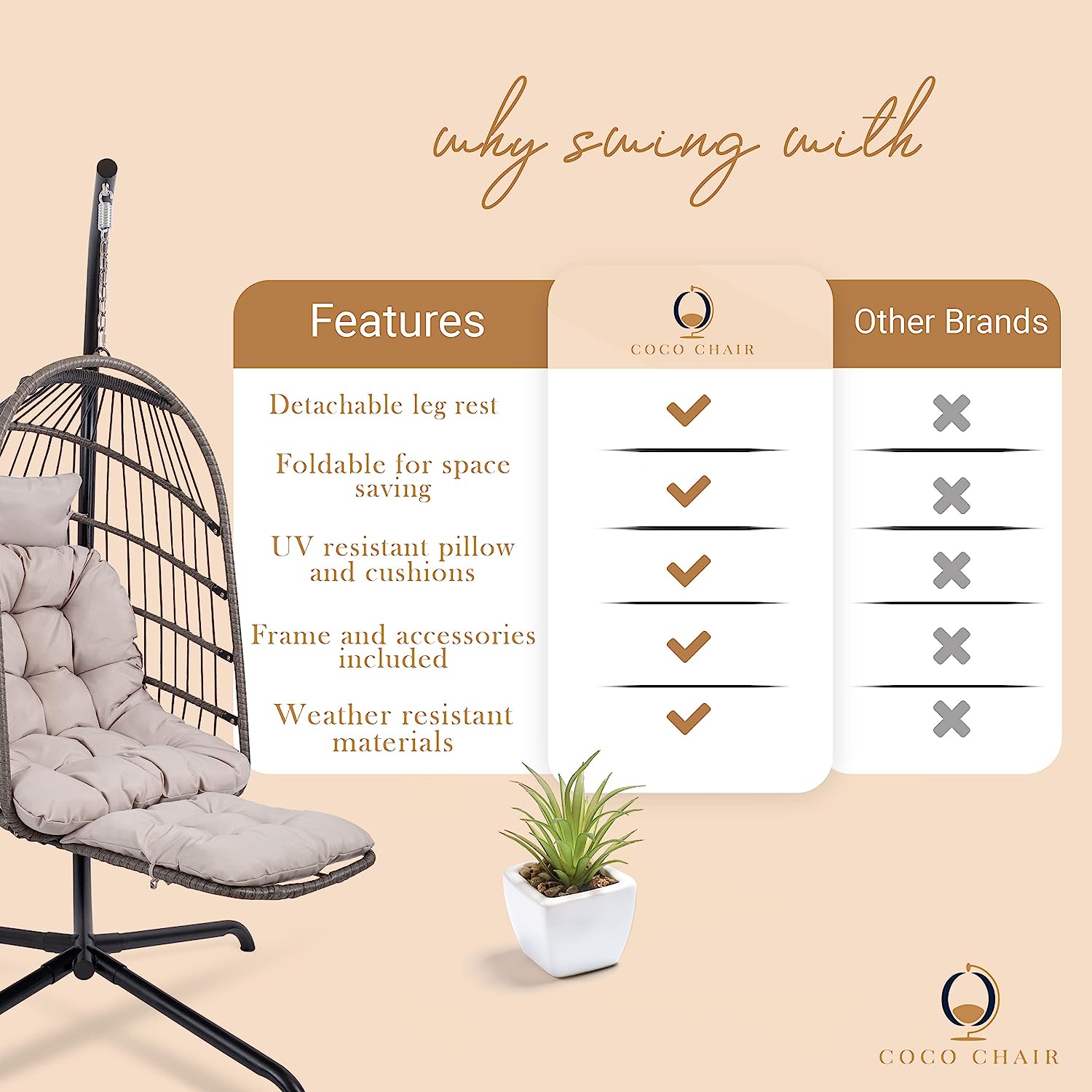 Coco Chair Hanging Egg Chair with Stand & Leg Rest | Gray Egg Chair Outdoor with Included Pillow | Swinging Chair for Outdoor and Indoor| Foldable Egg Chair | Perfect Swing Chair for Summer