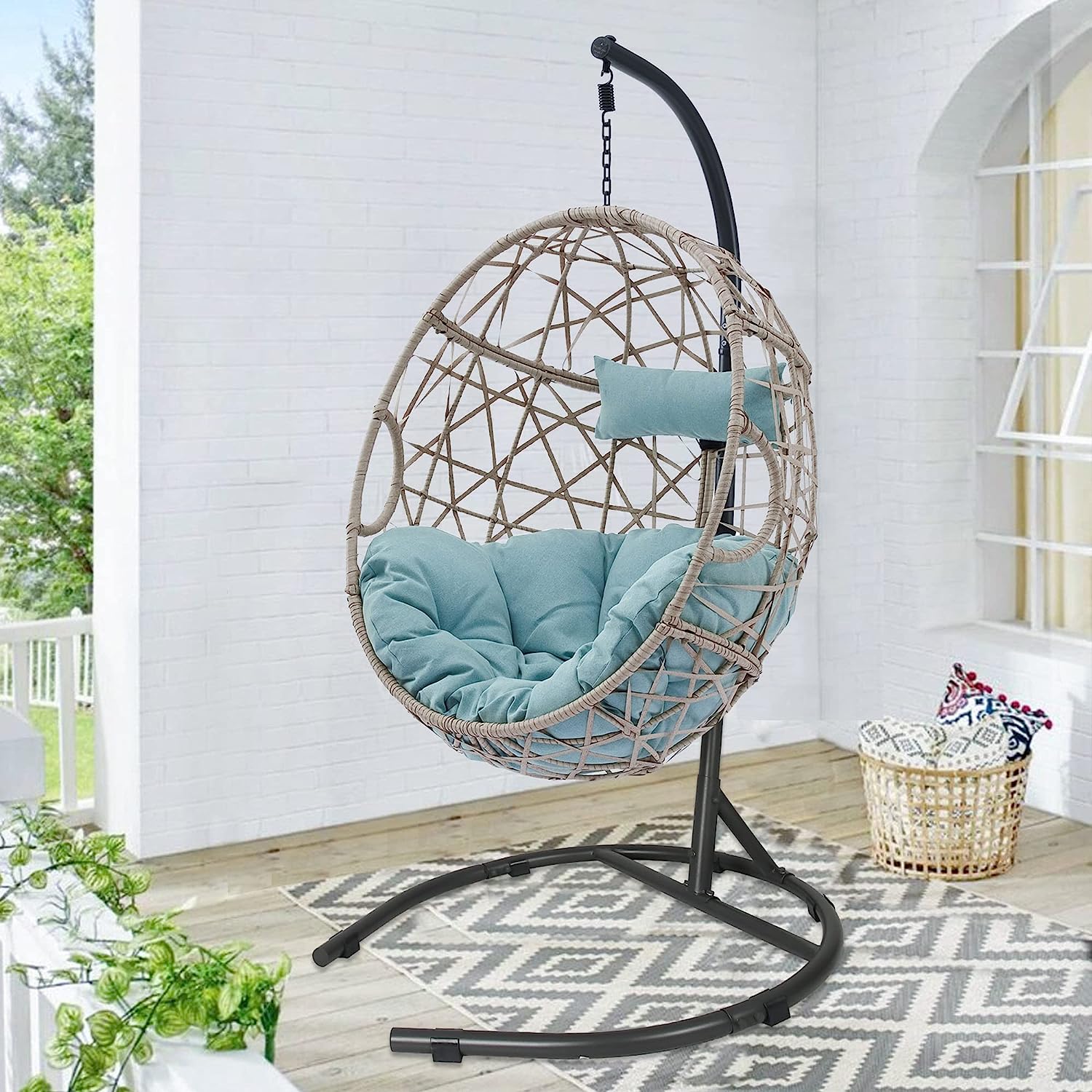 Ulax Furniture Egg Chair, Hanging Swing Chair with Stand, Hanging Lounge Chair, Outdoor Patio Wicker Tear Drop Hammock Chair with Cushion (Navy)
