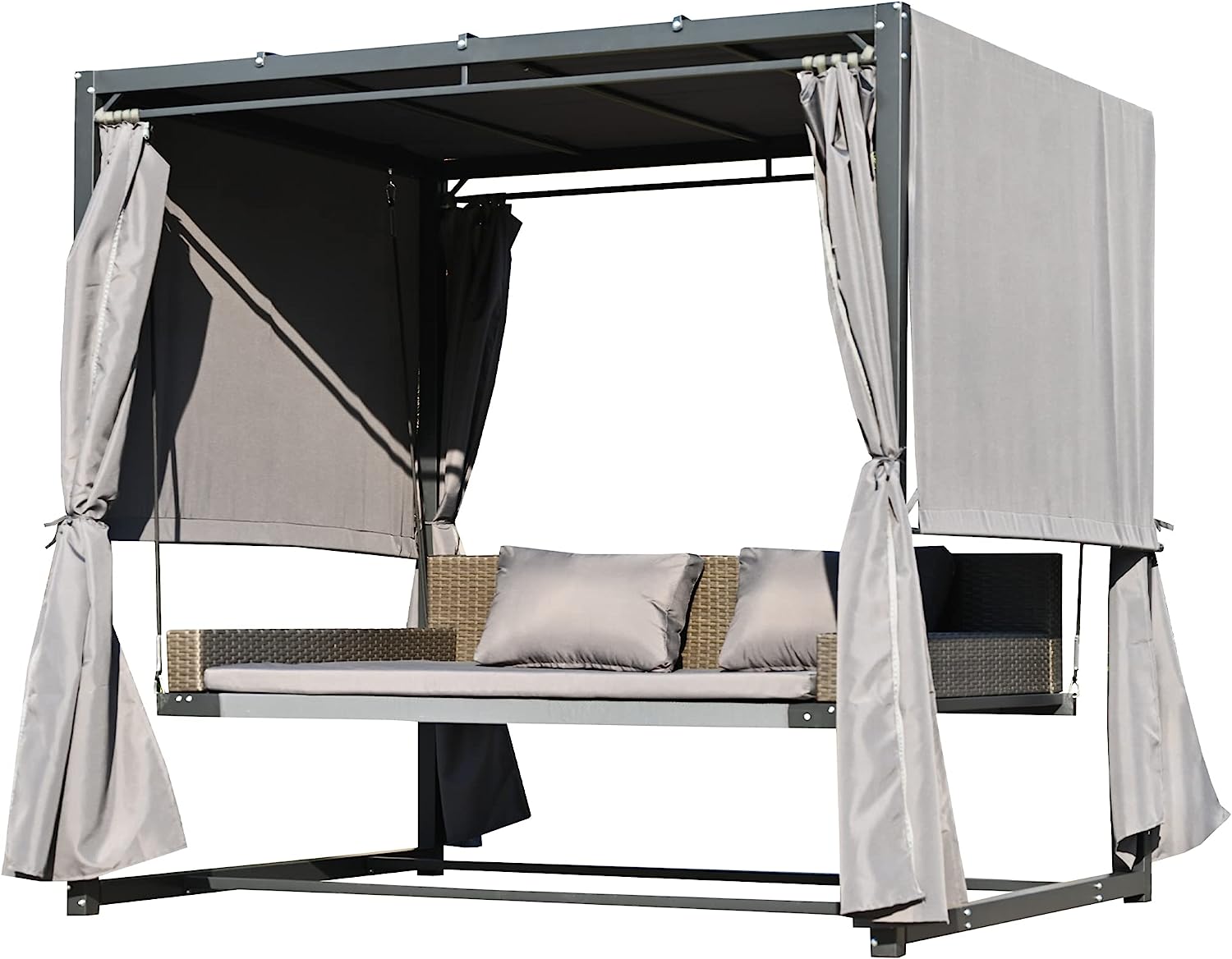 Patio 51.9” 2-Person Swing Chair,Outdoor Rattan Woven Hanging Seat with Adjustable Rope and Cushion,for Porch Lawn Garden Backyard Balconies (Black&b)