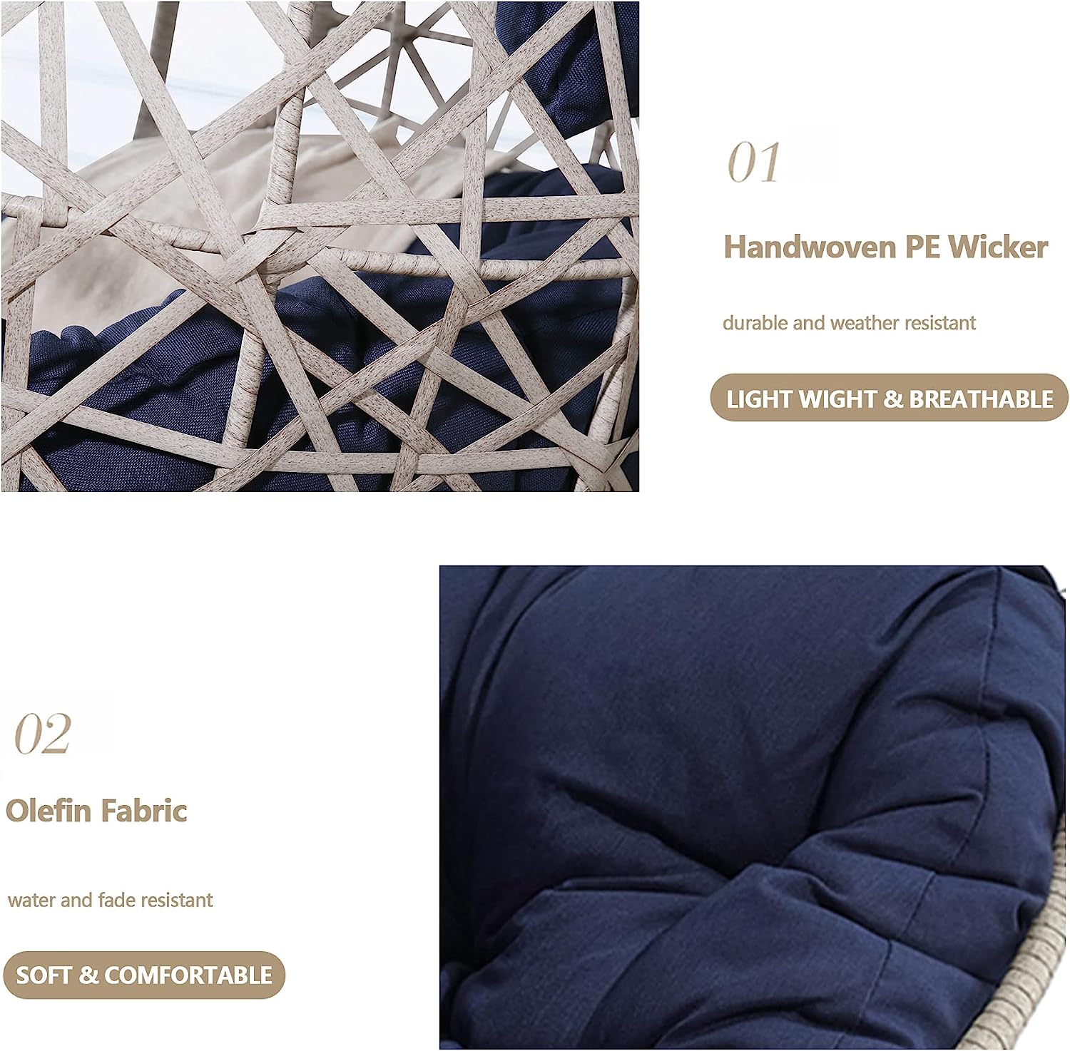 Ulax Furniture Egg Chair, Hanging Swing Chair with Stand, Hanging Lounge Chair, Outdoor Patio Wicker Tear Drop Hammock Chair with Cushion (Navy)