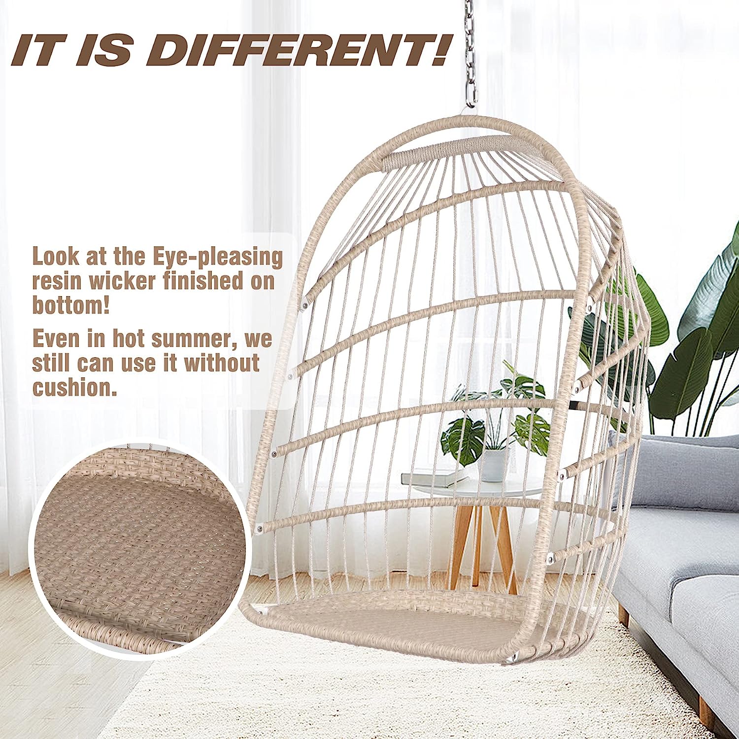 Chihee Egg Chair Foldable Wicker Rattan Hanging Chair Swing Chair Indoor Outdoor Patio Wicker Chair Hammock Chair with Stainless Steel Hanging Kit Chain Link UV Resistant Cushion Bedroom Balcony