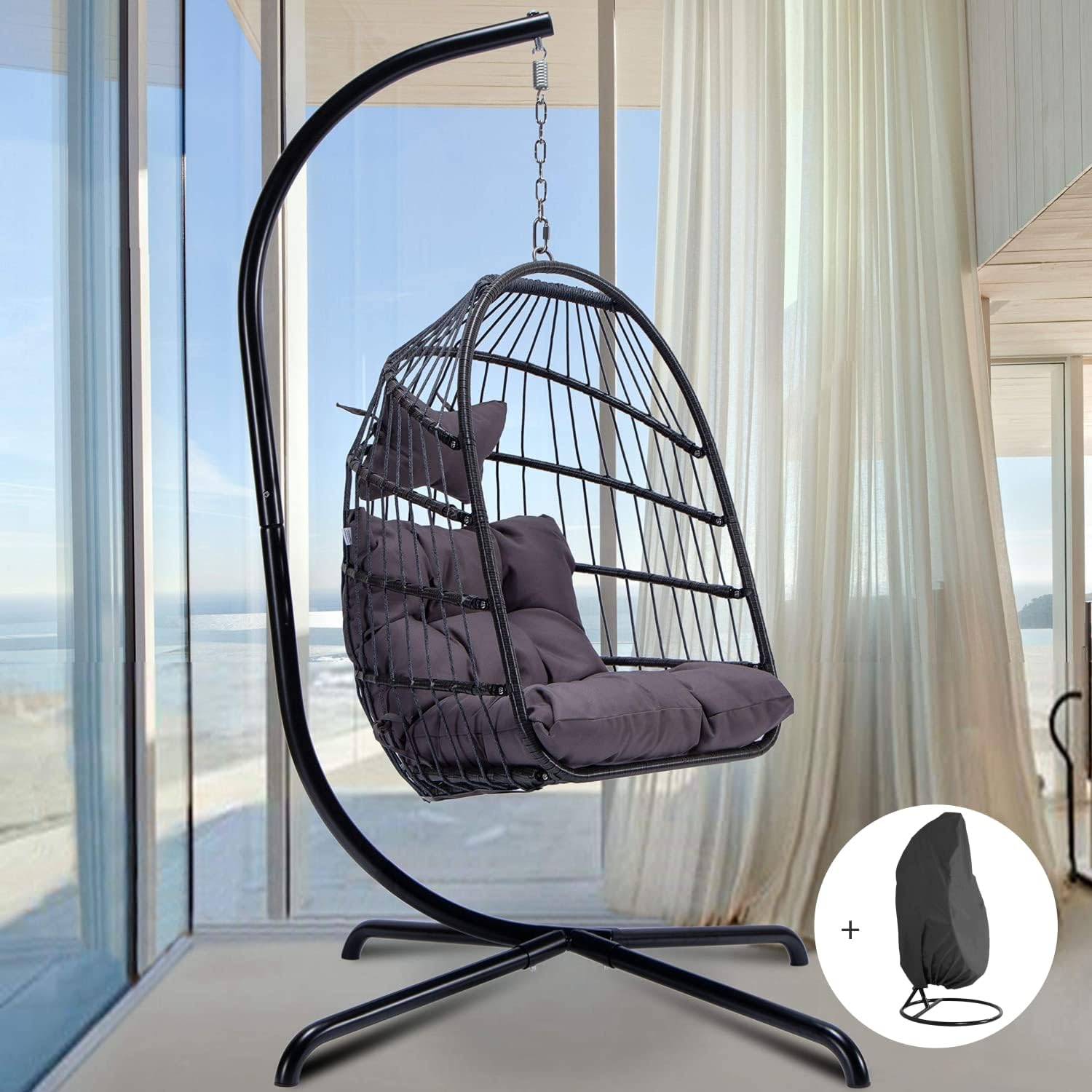 in Door Outdoor Patio Wicker Hanging Chair Swing Chair Patio Egg Chair UV Resistant Beige Cushion Aluminum Frame (Brown)