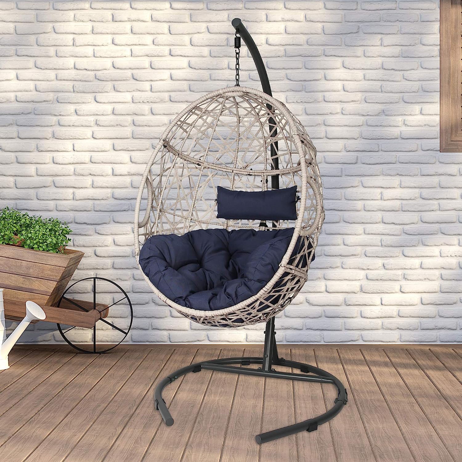Iwicker Outdoor Rattan Egg Hanging Swing Chair with Cushions and Stand (Beige)
