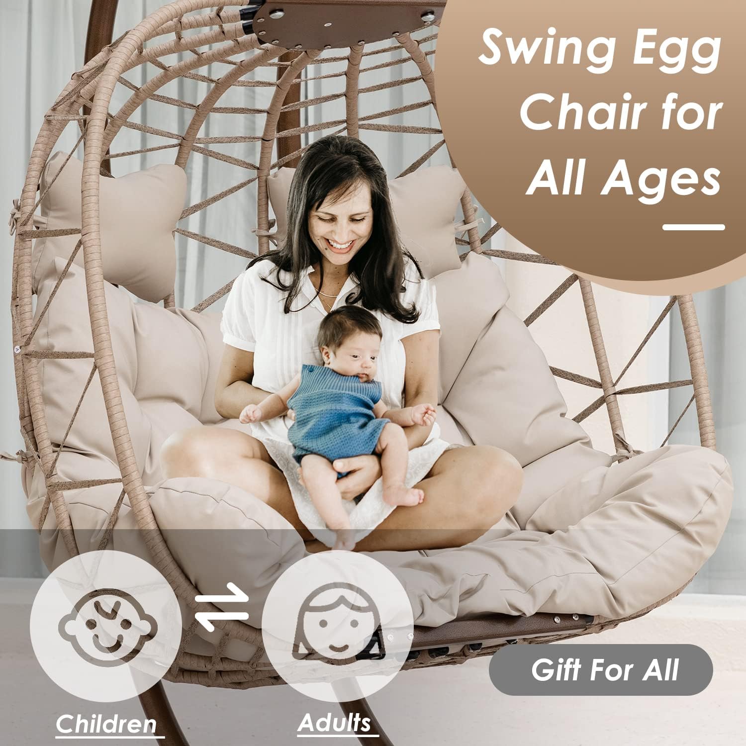 Swing Egg Chair with Stand Indoor Outdoor Wicker Rattan Patio Basket Hanging Chair with UV Resistant Cushions 350lbs Capaticy for Bedroom Balcony Patio (Cream)