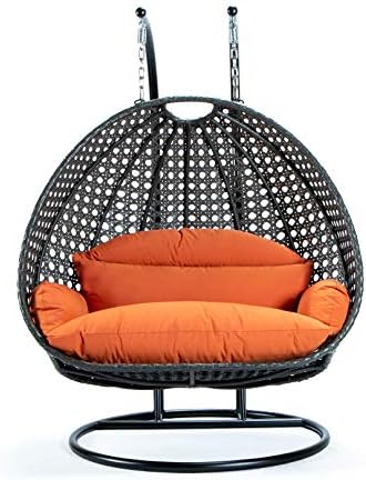LeisureMod 2 Person Hanging Double Swing Chair, X-Large Wicker Rattan Egg Chair with Stand and Cushion for Indoor Outdoor Patio Garden (Light Green)