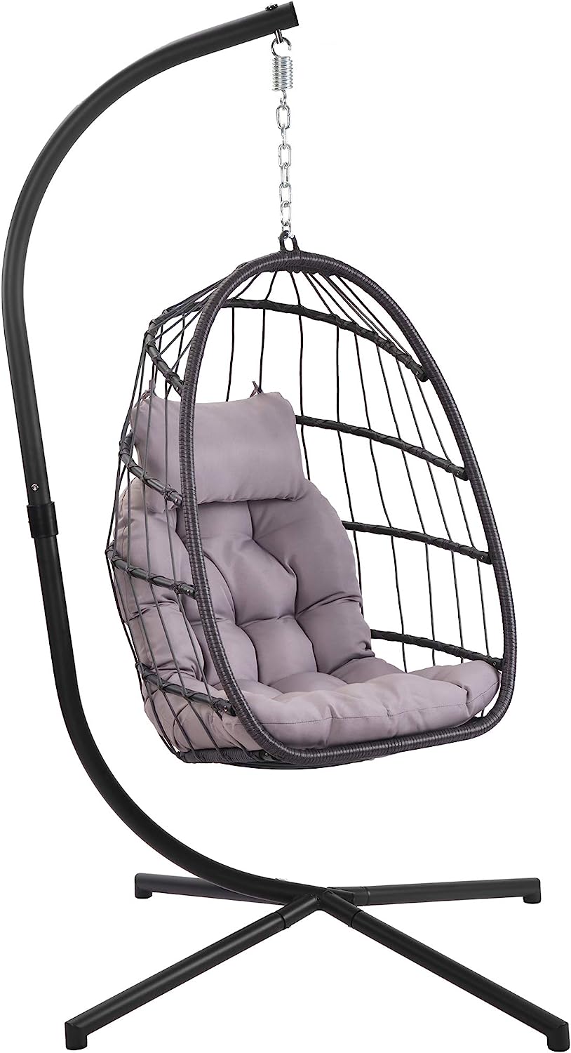 Patio Hanging Egg Chair with Stand Swing Chair,Basket Swinging Chair,Porch Chaise Lounge Chair,Rattan Wicker Hammock Chair with Deep Cushion for Indoor Outdoor Home Bedroom Backyard Balcony (Gray)