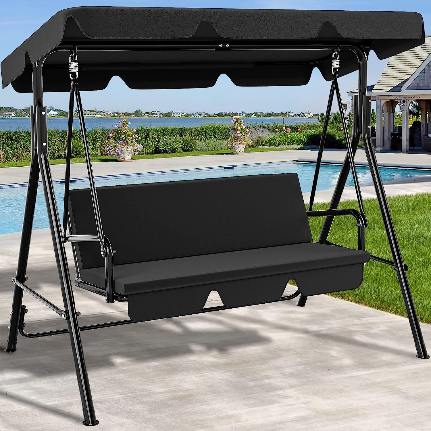 YITAHOME 3-Seat Porch Swing Outdoor Heavy Duty Patio Swing Chair with Stand Adjustable Canopy Soft Cushion for Garden, Patio, Lawn, Balcony and Deck, Black