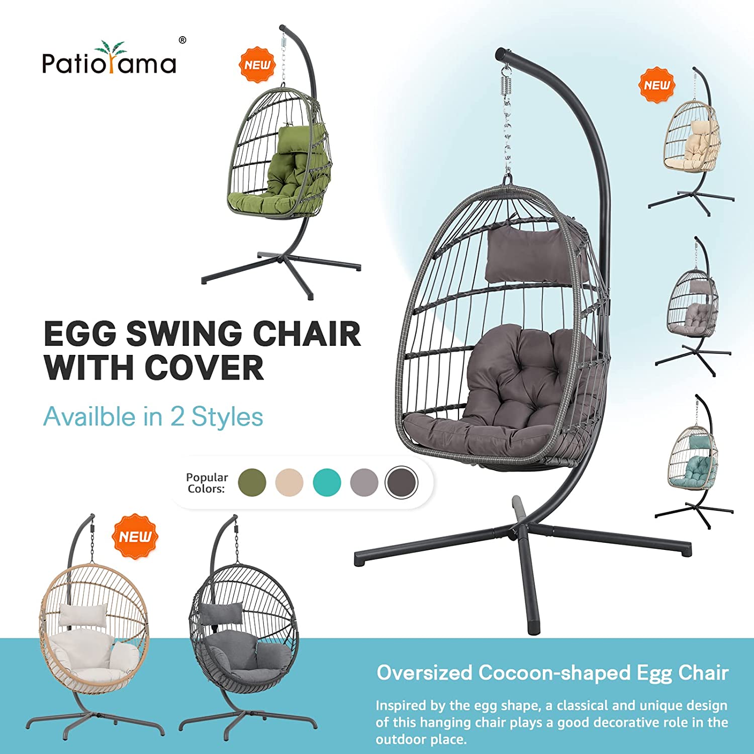 Patiorama Indoor Outdoor Egg Swing Chair with Stand, Patio Grey Wicker Rattan Hanging Chair with Rope Back, Cushion,Cover,All Weather Foldable Hammock Chair for Bedroom, Garden (Light Grey)