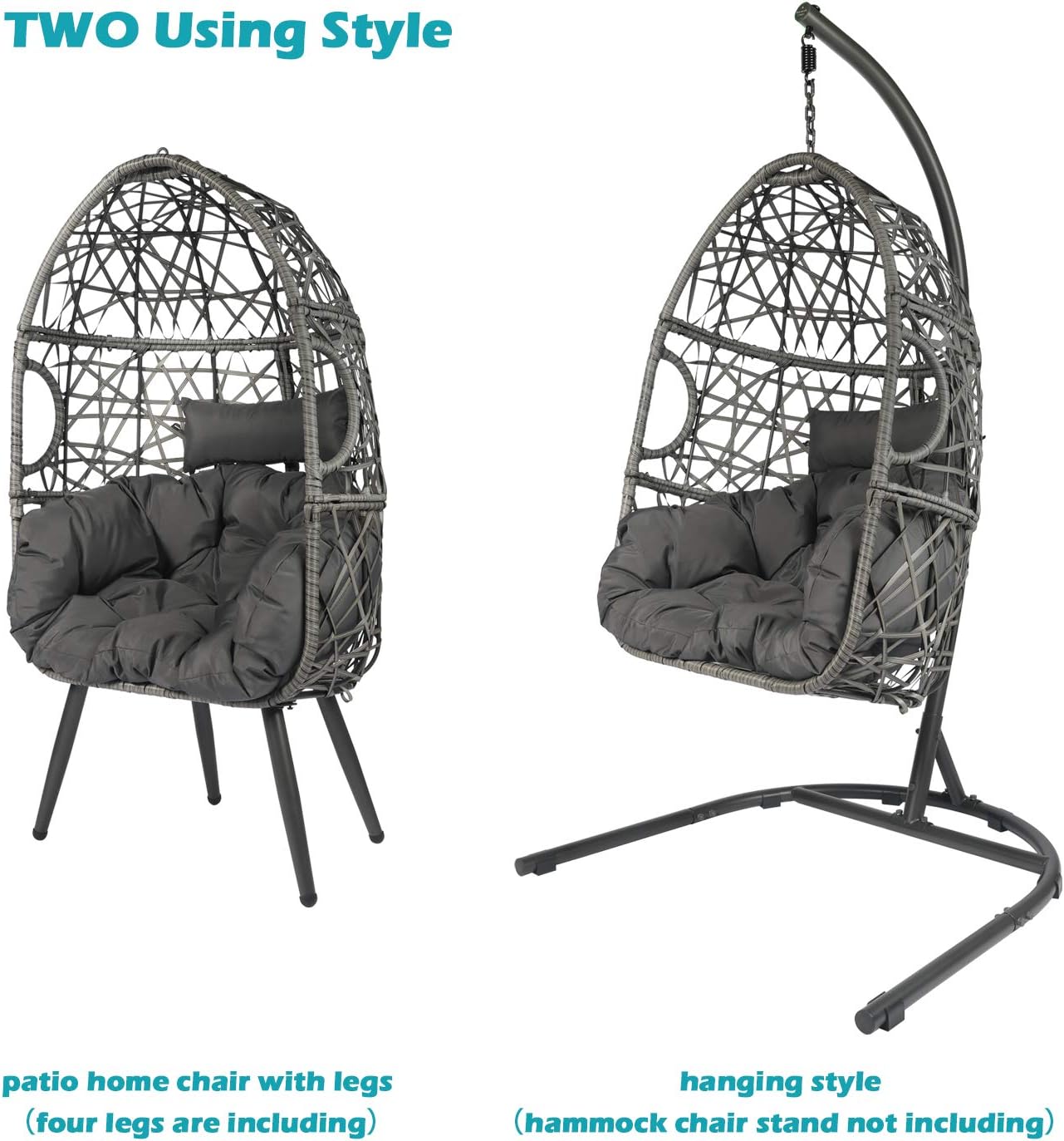 LAZZO Swing Egg Chair, Rattan Hanging Chair, Indoor & Outdoor Hammock Chair with Seat Cushion & Pillow for Patio Porch Lounge Bedroom