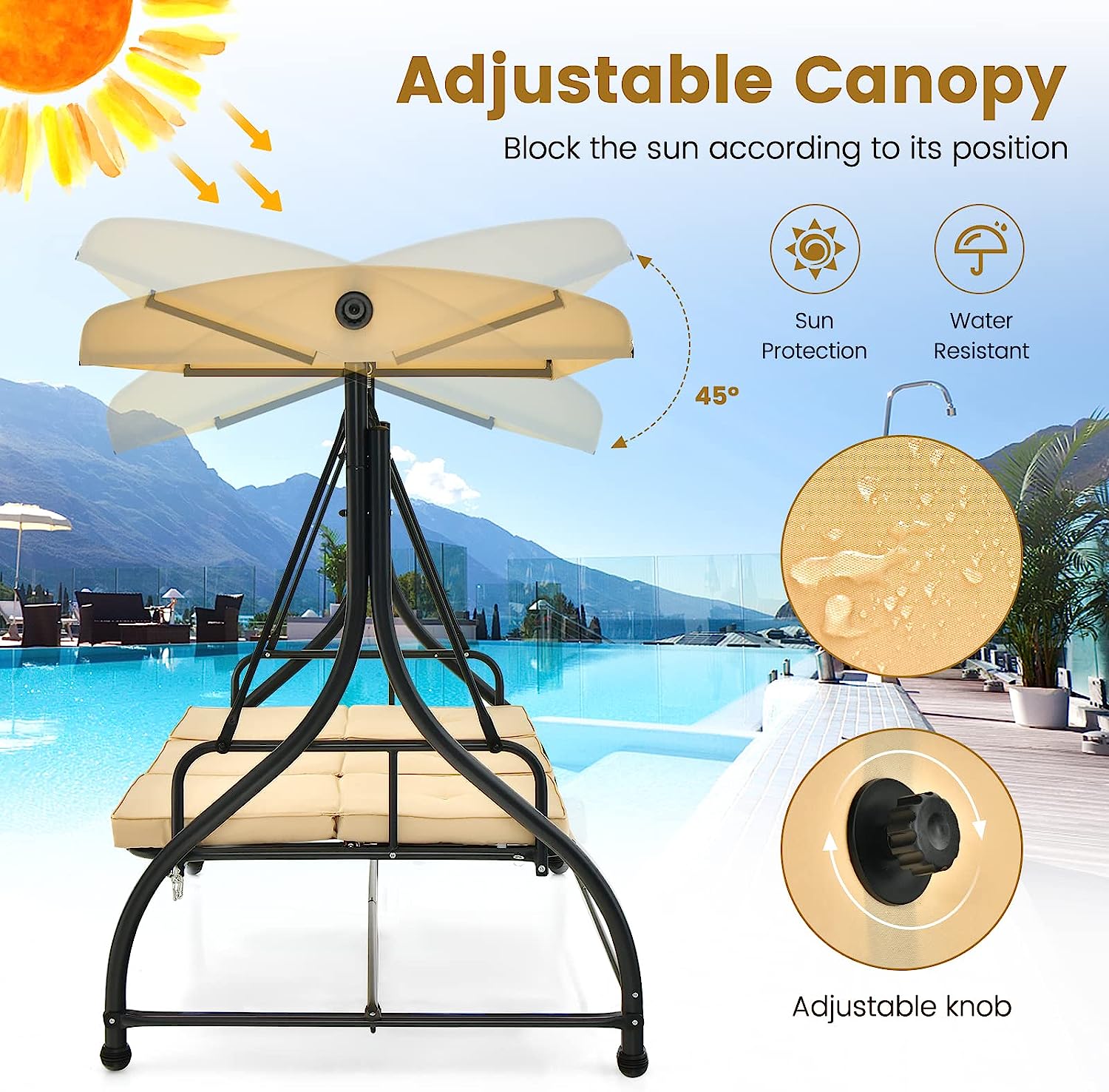 Tangkula 3 Person Porch Swing, 2-in-1 Convertible Patio Swing Bed with Removable Cushions, Solid Steel Structure, Outdoor Swing with Adjustable Canopy for Backyard, Balcony, Poolside (Turquoise)