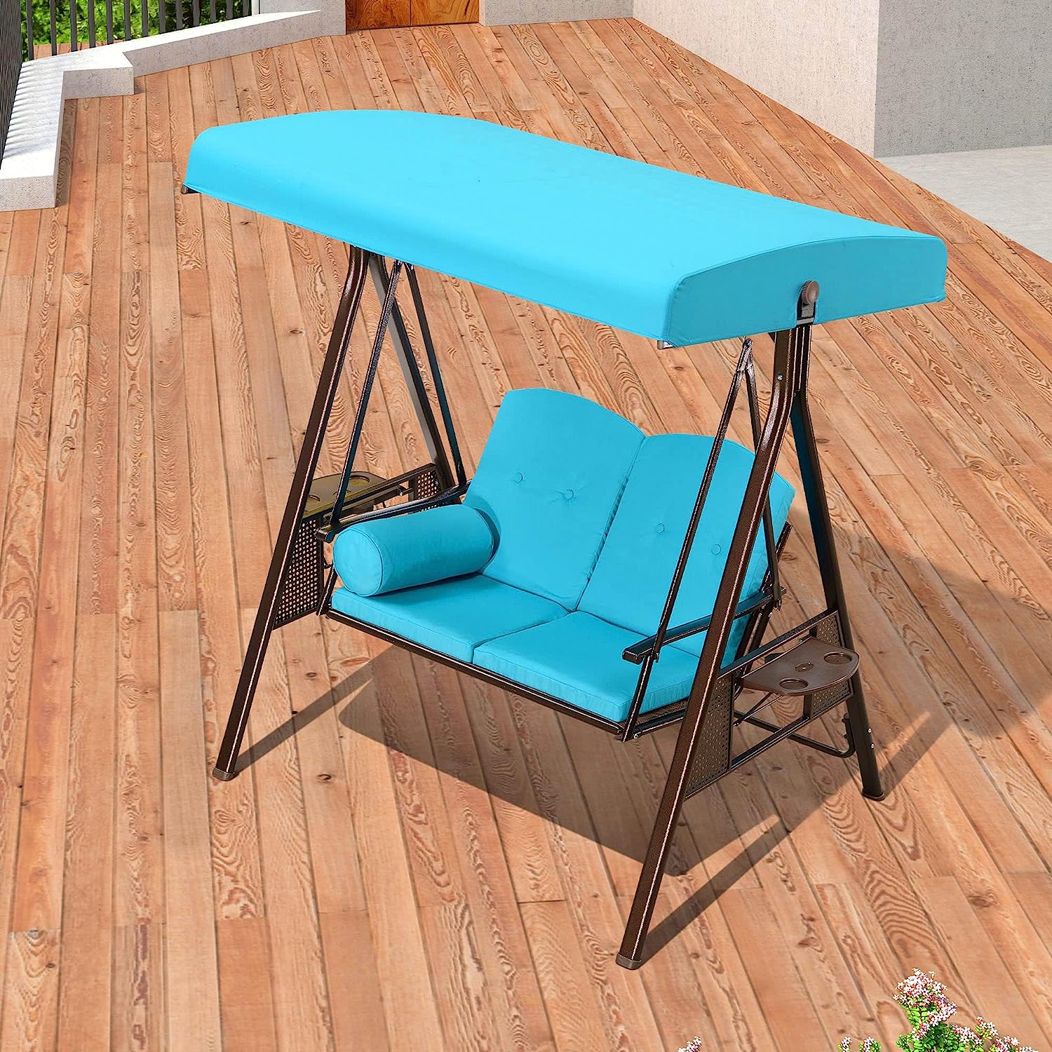 PURPLE LEAF 3-Seat Deluxe Outdoor Patio Porch Swing with Weather Resistant Steel Frame, Adjustable Tilt Canopy, Cushions and Pillow Included, Beige