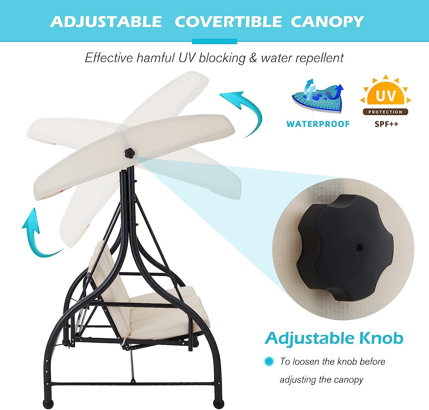 AECOJOY 3-Seat Outdoor Porch Swing with Adjustable Backrest and Canopy, Patio Swing w/Removable Cushions Outdoor Swing Bed for Porch, Backyard, Poolside, Beige