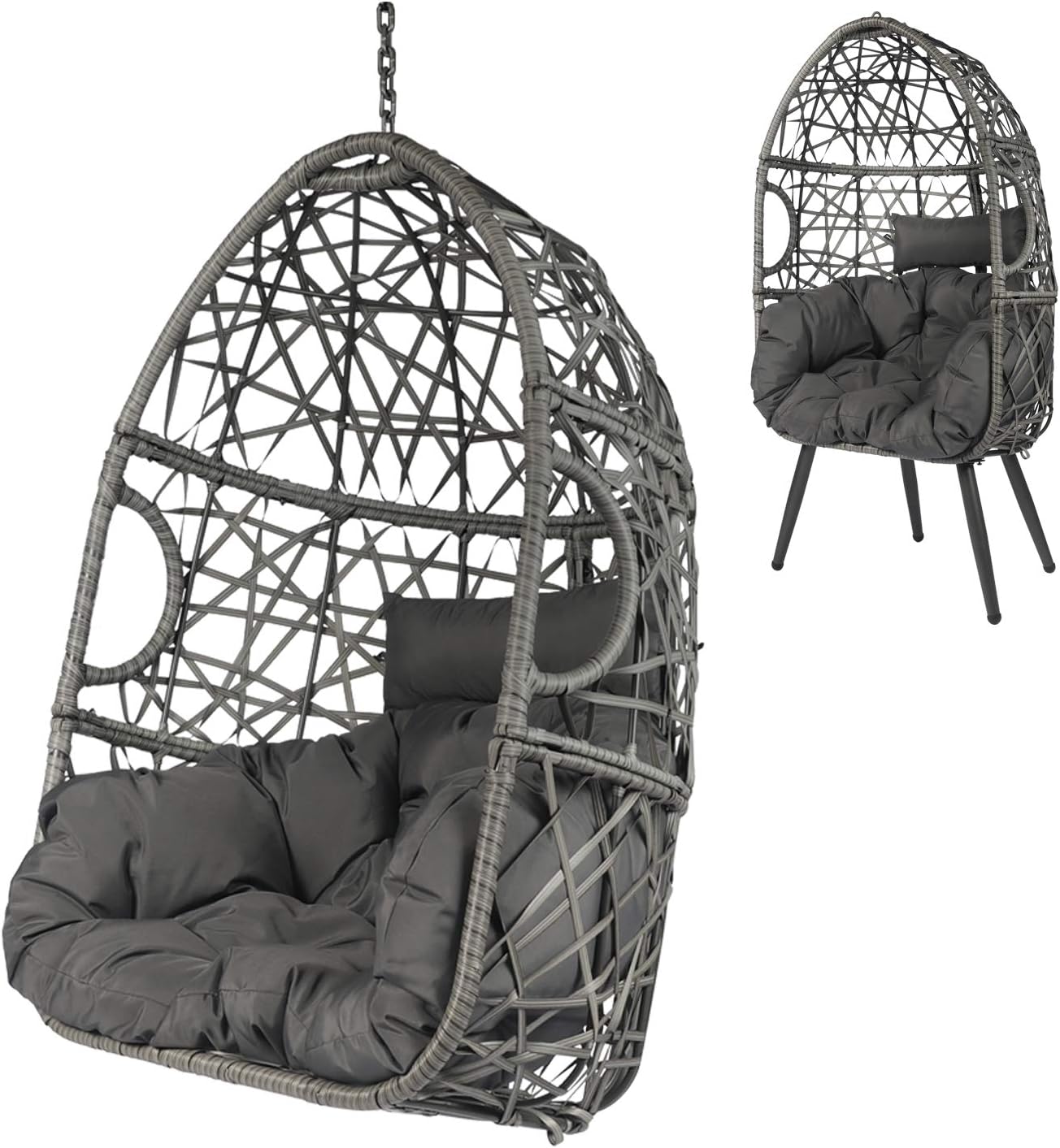 LAZZO Swing Egg Chair, Rattan Hanging Chair, Indoor & Outdoor Hammock Chair with Seat Cushion & Pillow for Patio Porch Lounge Bedroom
