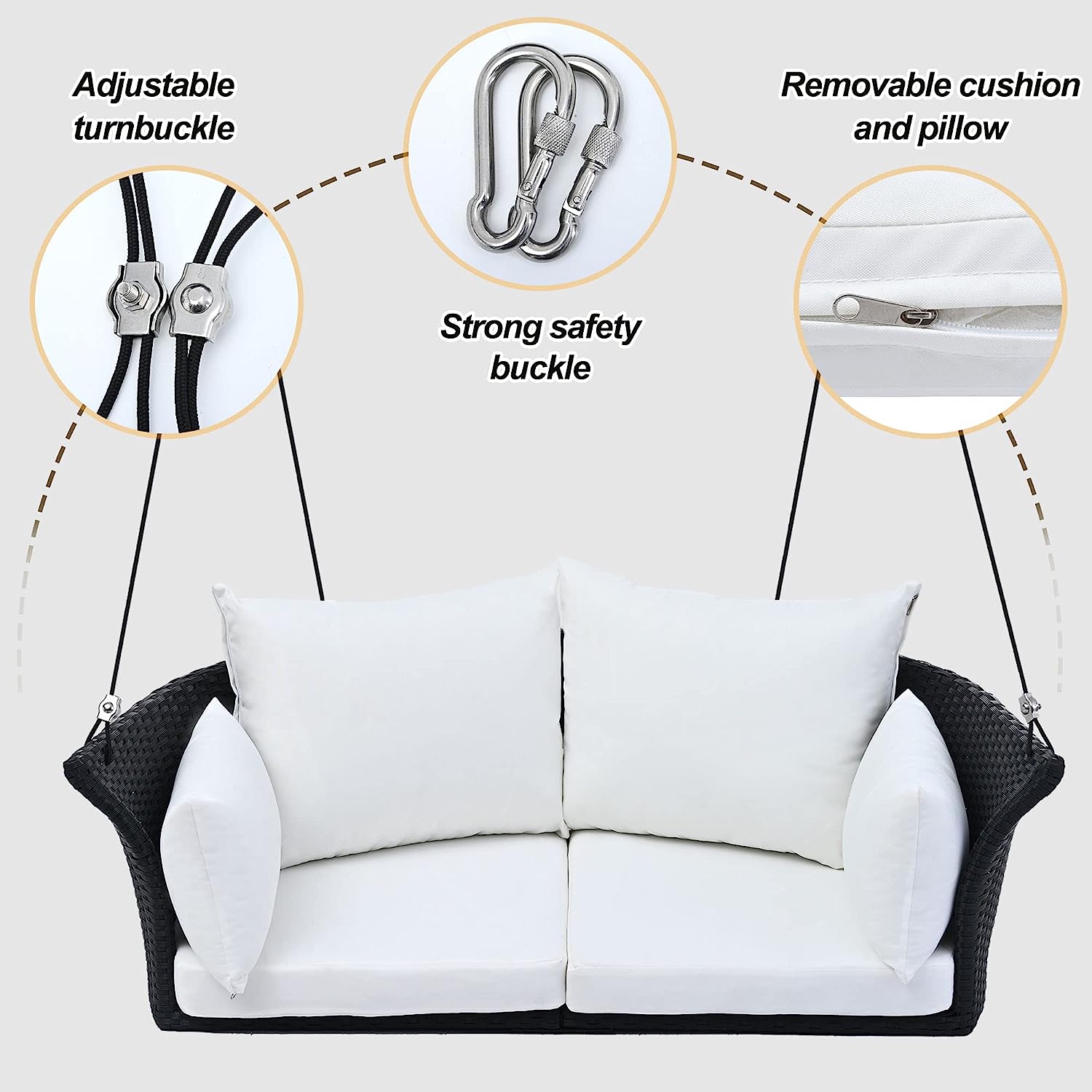 Patio 51.9” 2-Person Swing Chair,Outdoor Rattan Woven Hanging Seat with Adjustable Rope and Cushion,for Porch Lawn Garden Backyard Balconies (Black&b)