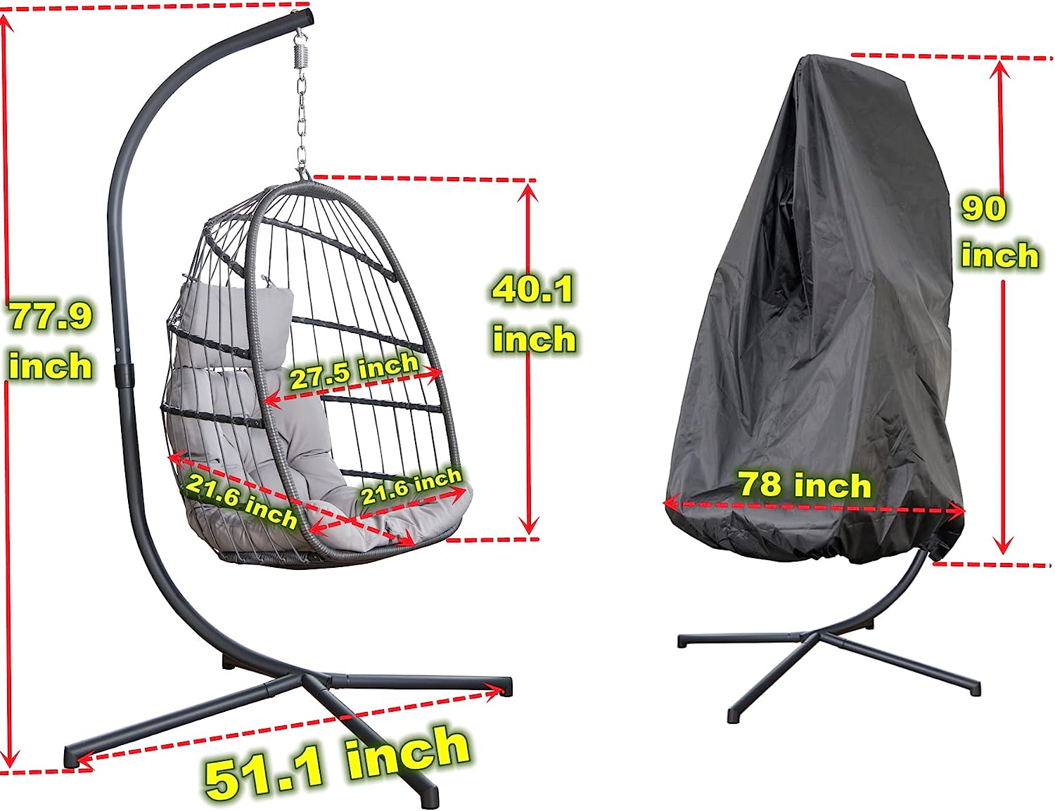 Mojia Patio Wicker Hanging Egg Swing Chair with Stand, Hammock Egg Chairs Foldable UV Resistant Cushions 440lbs Capaticy (Gray)