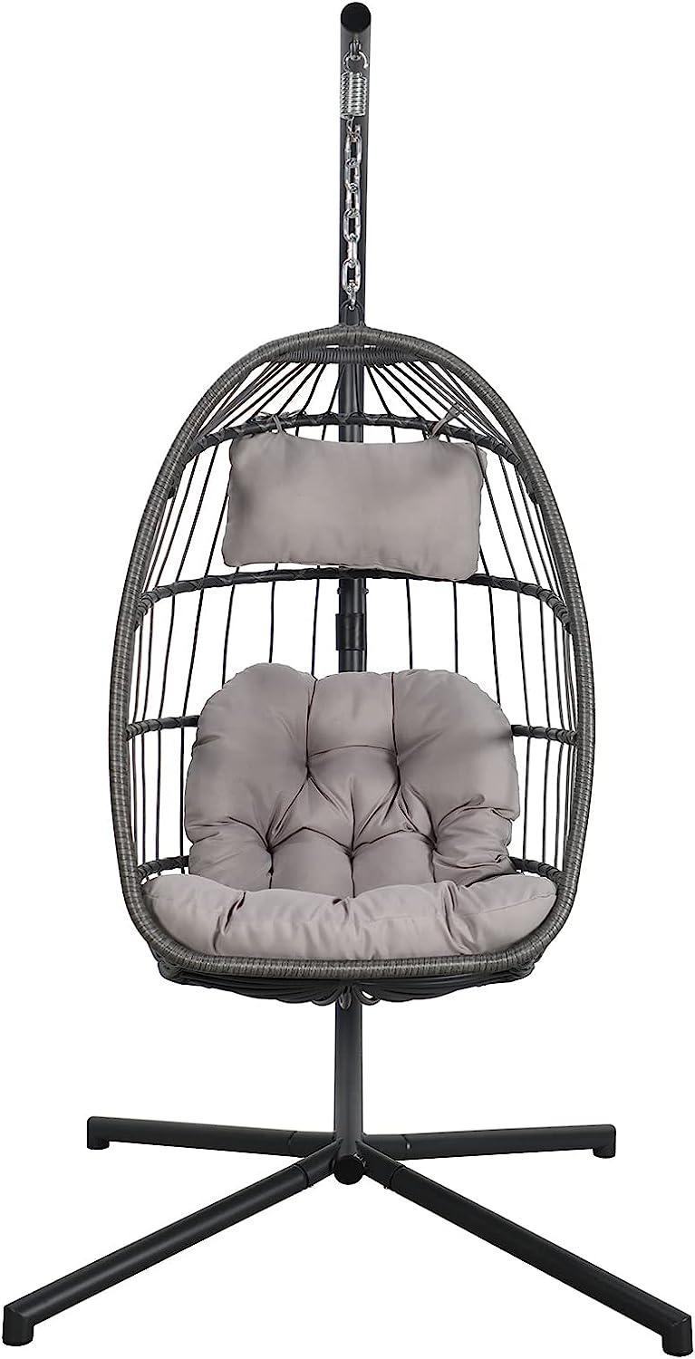 Patiorama Indoor Outdoor Egg Swing Chair with Stand, Patio Grey Wicker Rattan Hanging Chair with Rope Back, Cushion,Cover,All Weather Foldable Hammock Chair for Bedroom, Garden (Light Grey)